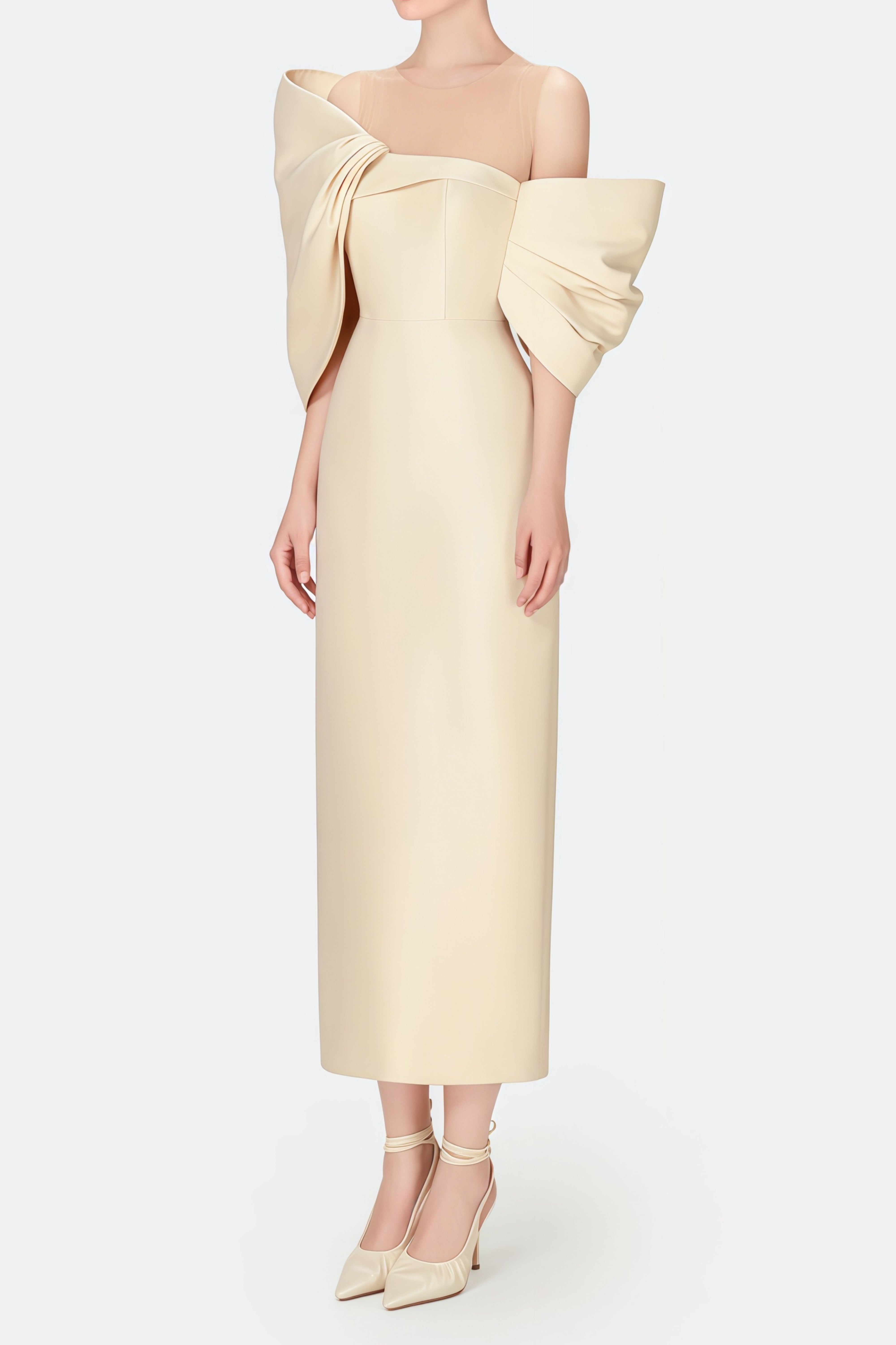 Leire Cream Midi Dress with Asymmetrical Bow Detail