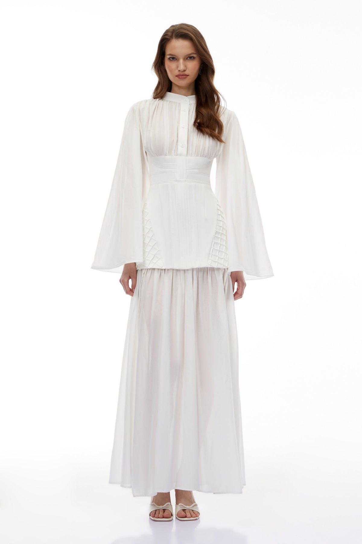 Lene White High Slit Ruched Maxi Dress