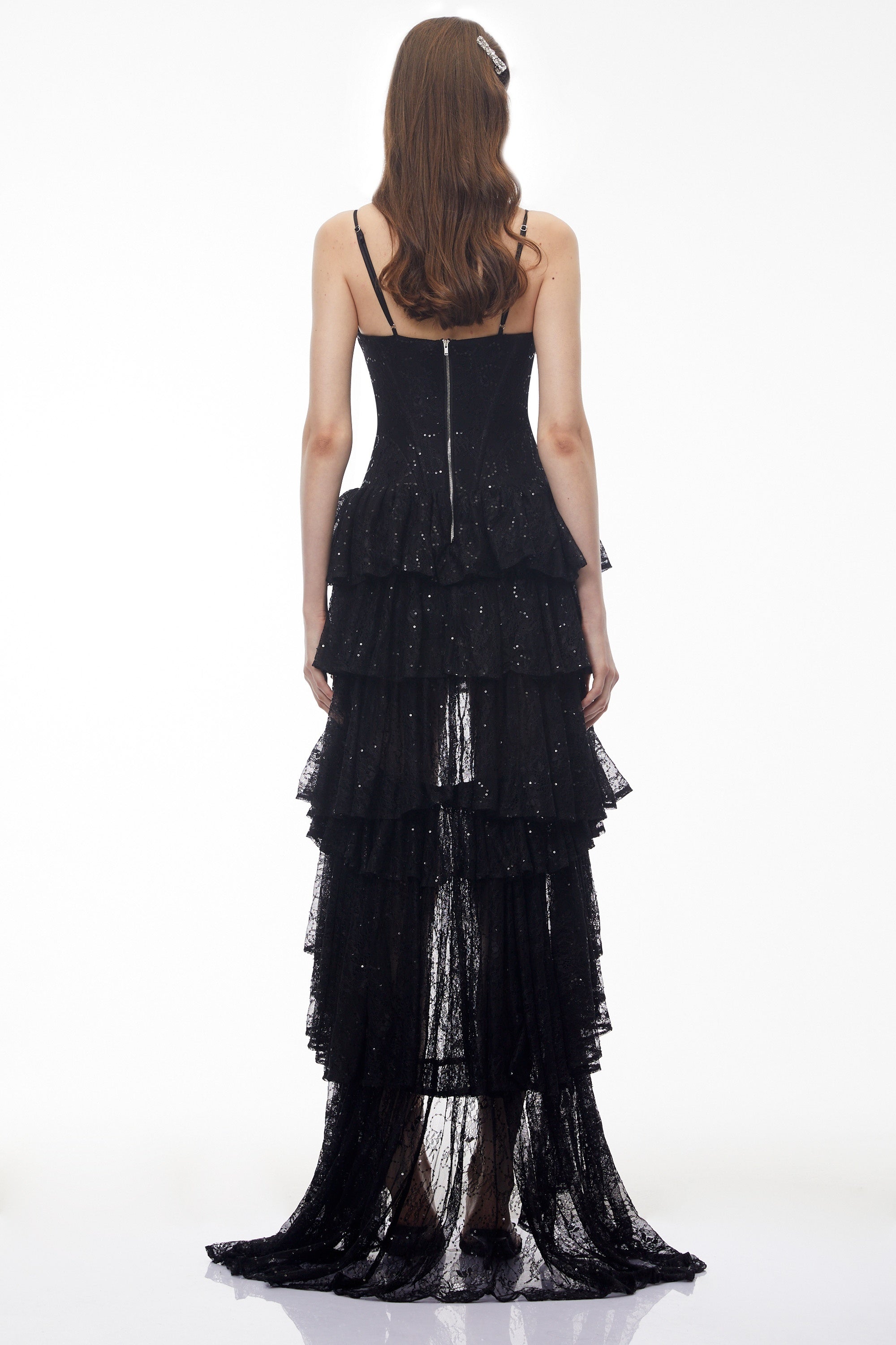 Léonie Black Sequin Maxi Dress with Cut-Outs and Train