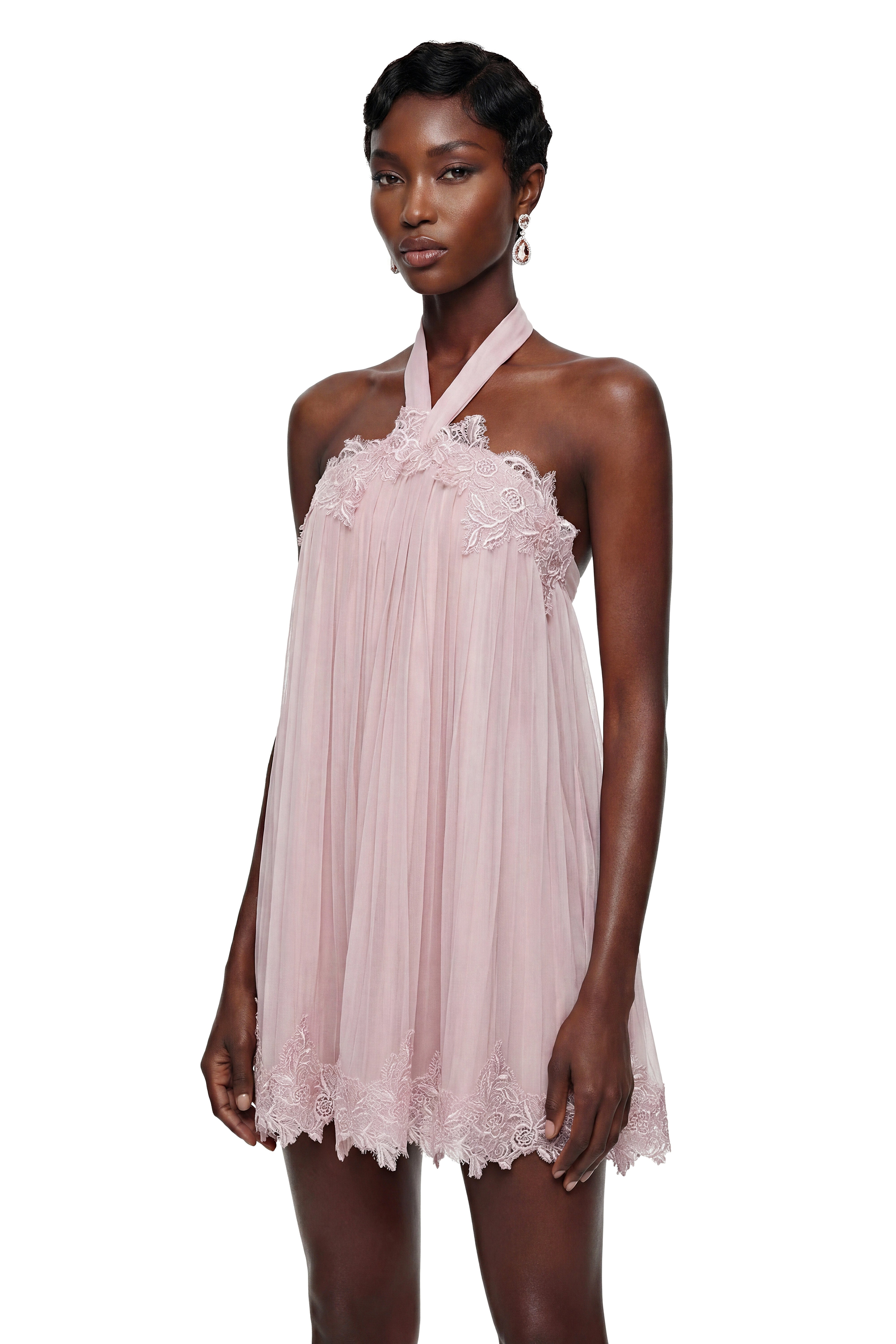 Léonie Pink Cross Front Mini Dress with Lace Trim