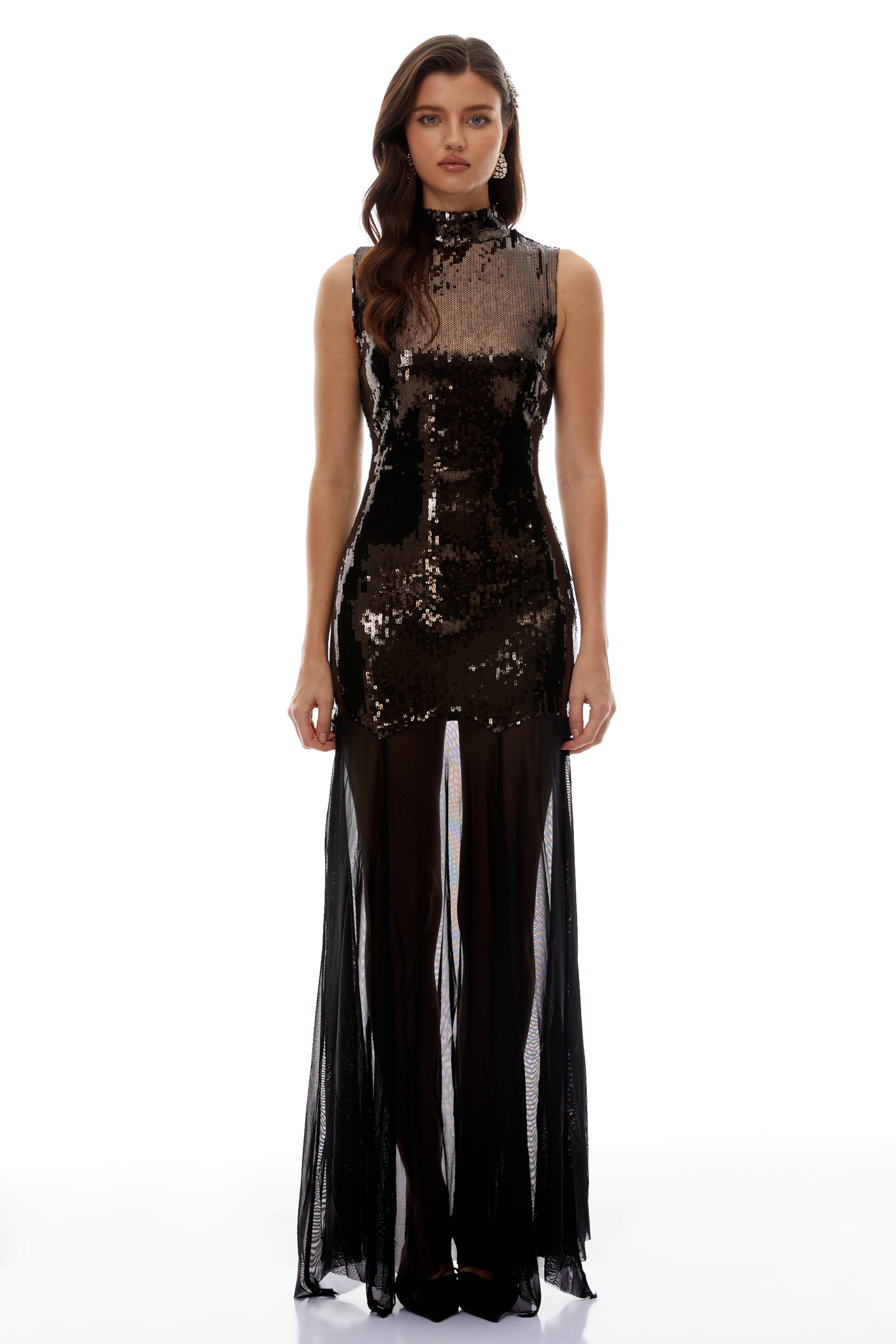 Leopoldina Brown Sequin Maxi Dress with Mesh Panels (Final Sale)