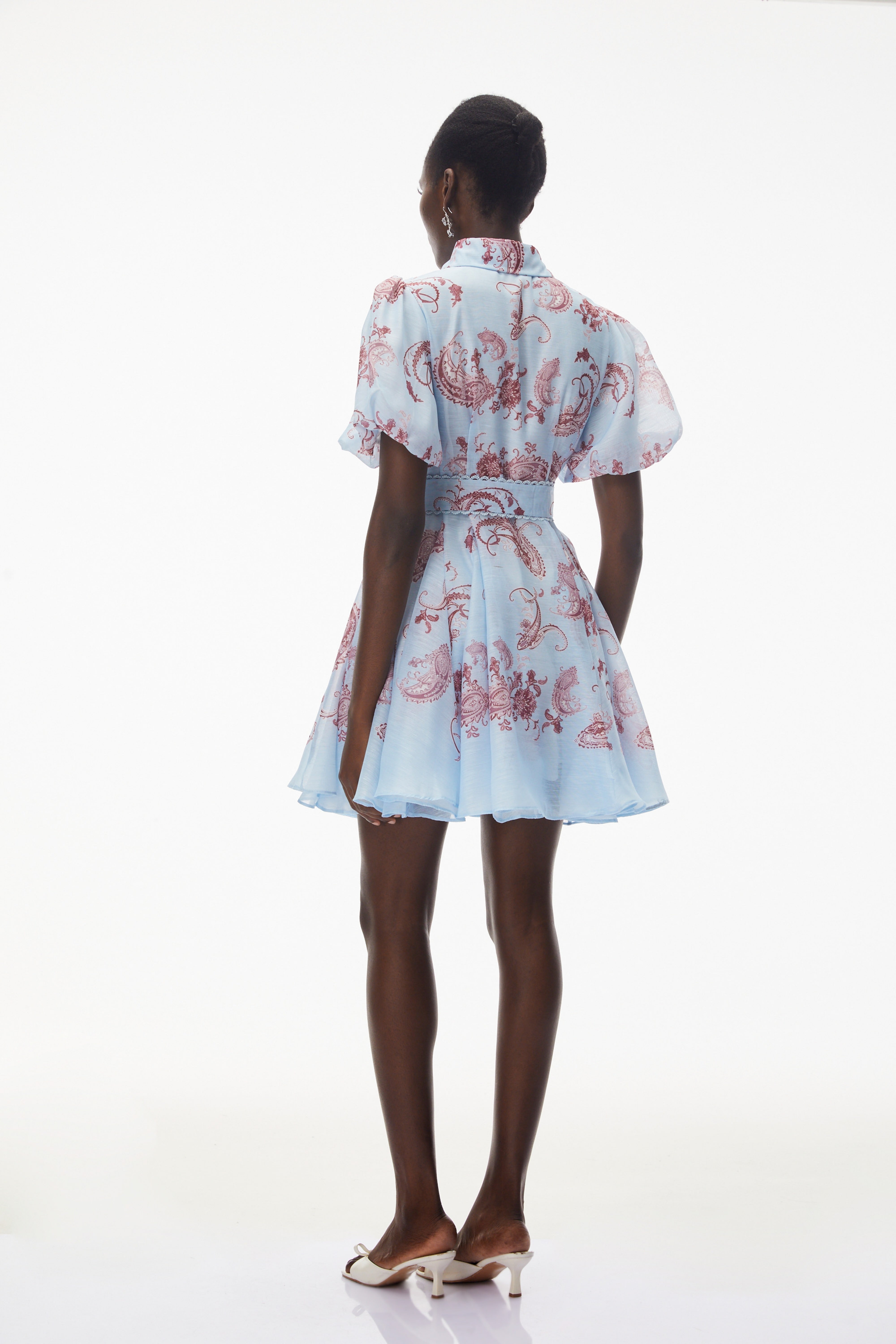 Liat Blue Print Mini Dress with Puff Sleeves