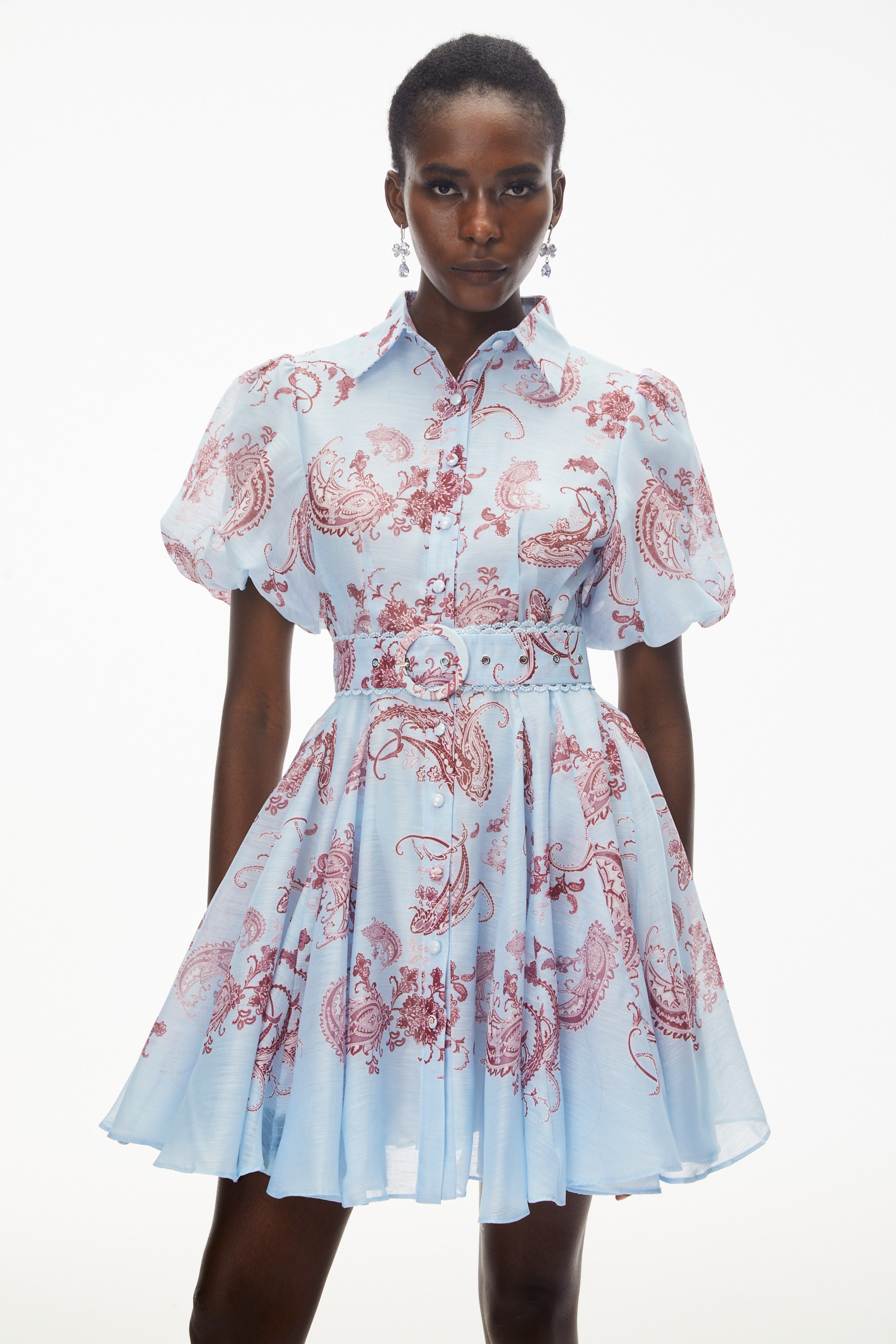 Liat Blue Print Mini Dress with Puff Sleeves