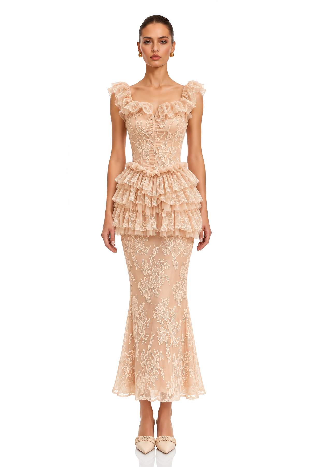 libbie neutral lace tiered peplum top & midi skirt set