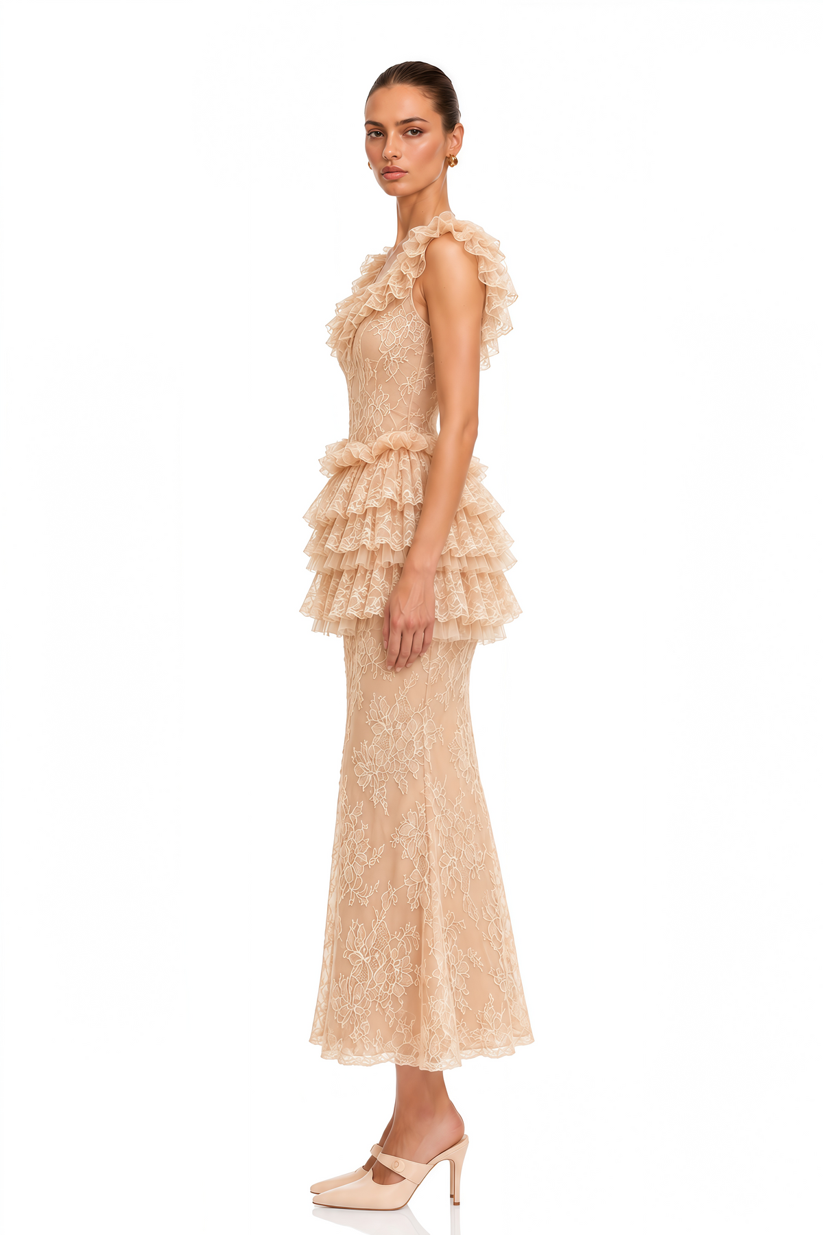 libbie neutral lace tiered peplum top & midi skirt set