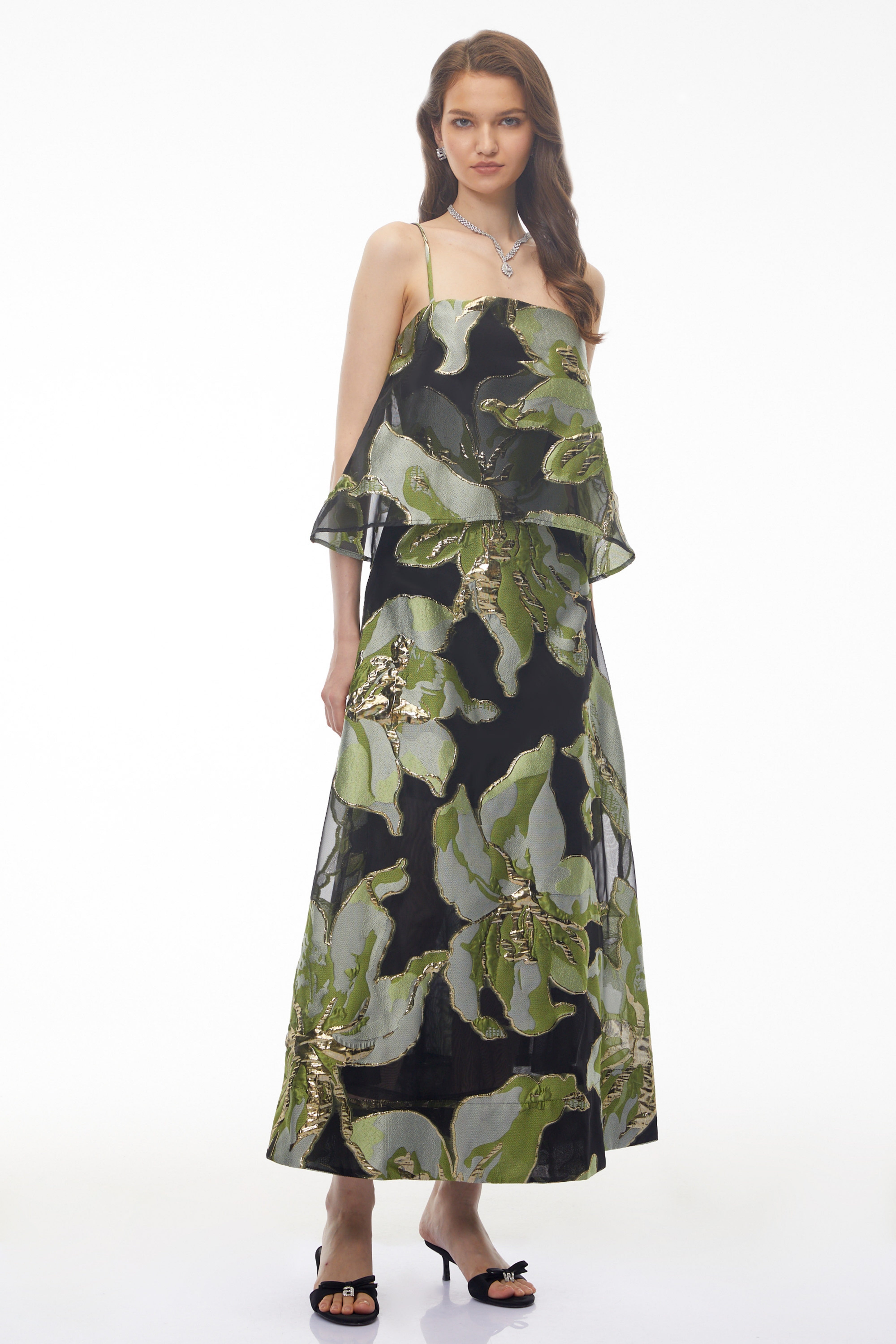 Lídia Green Floral Print Tiered Maxi Dress