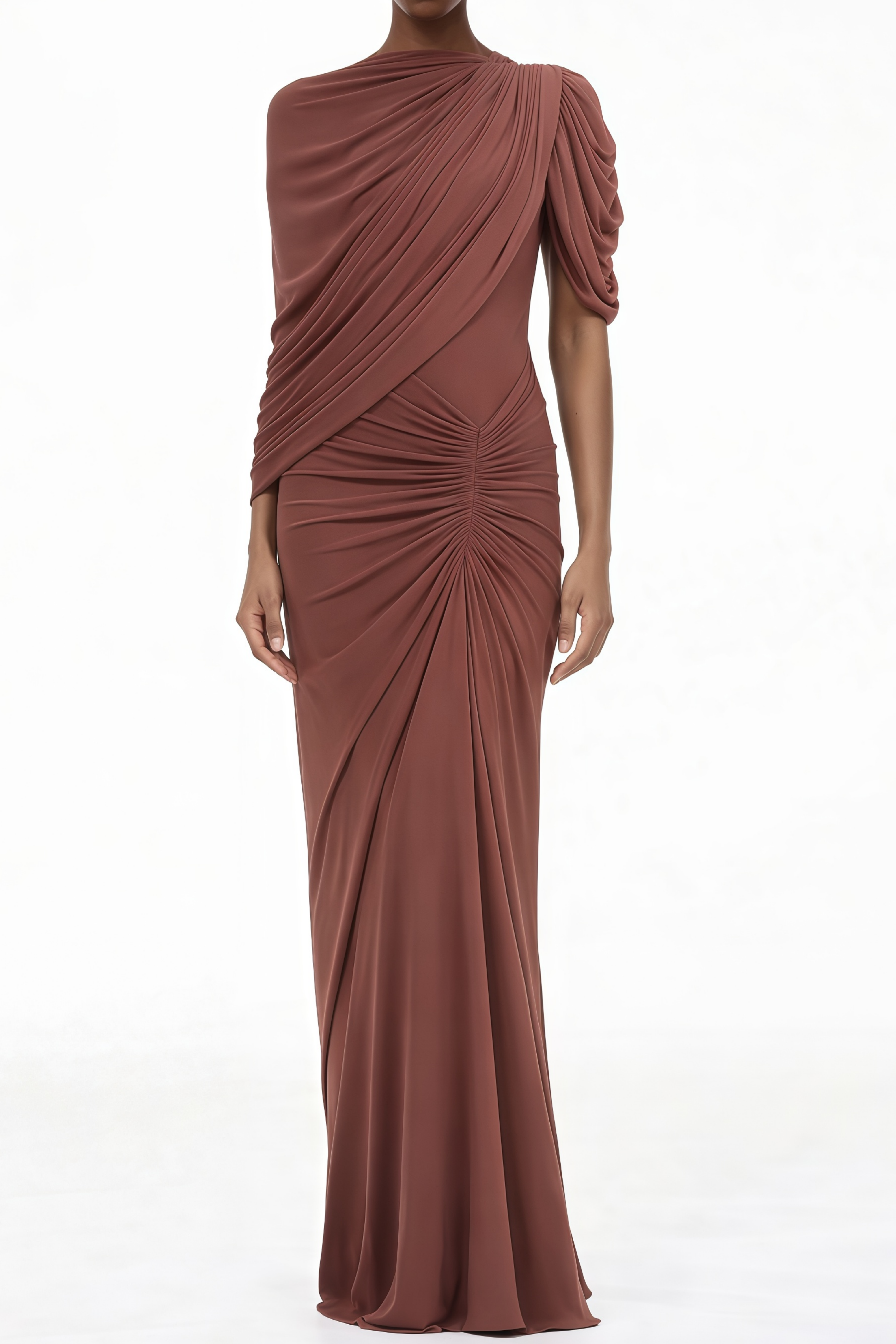 Liliana Brown Asymmetrical Ruched Cape Maxi Dress
