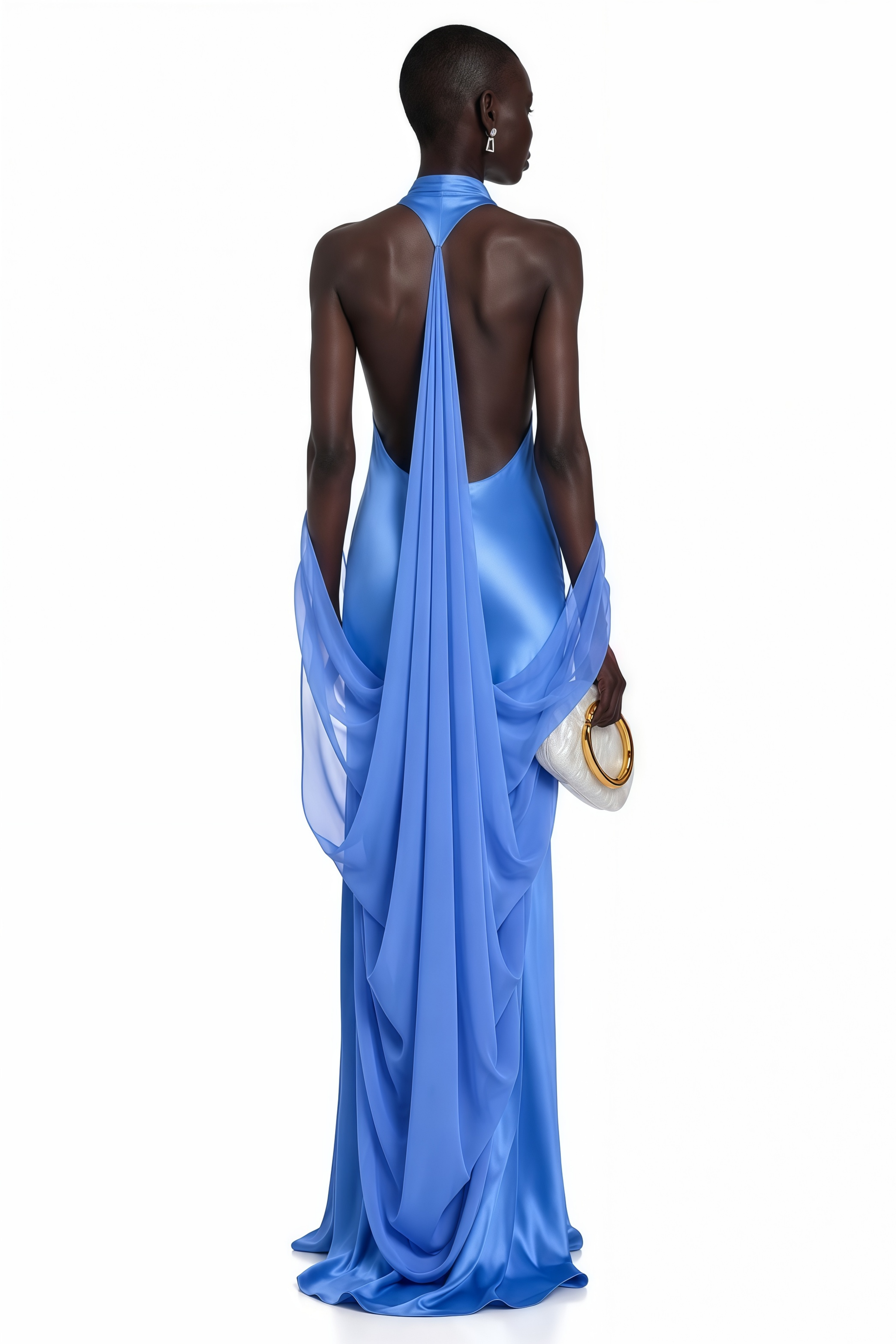 Lilou Blue Backless Satin Maxi Dress with Chiffon Drape