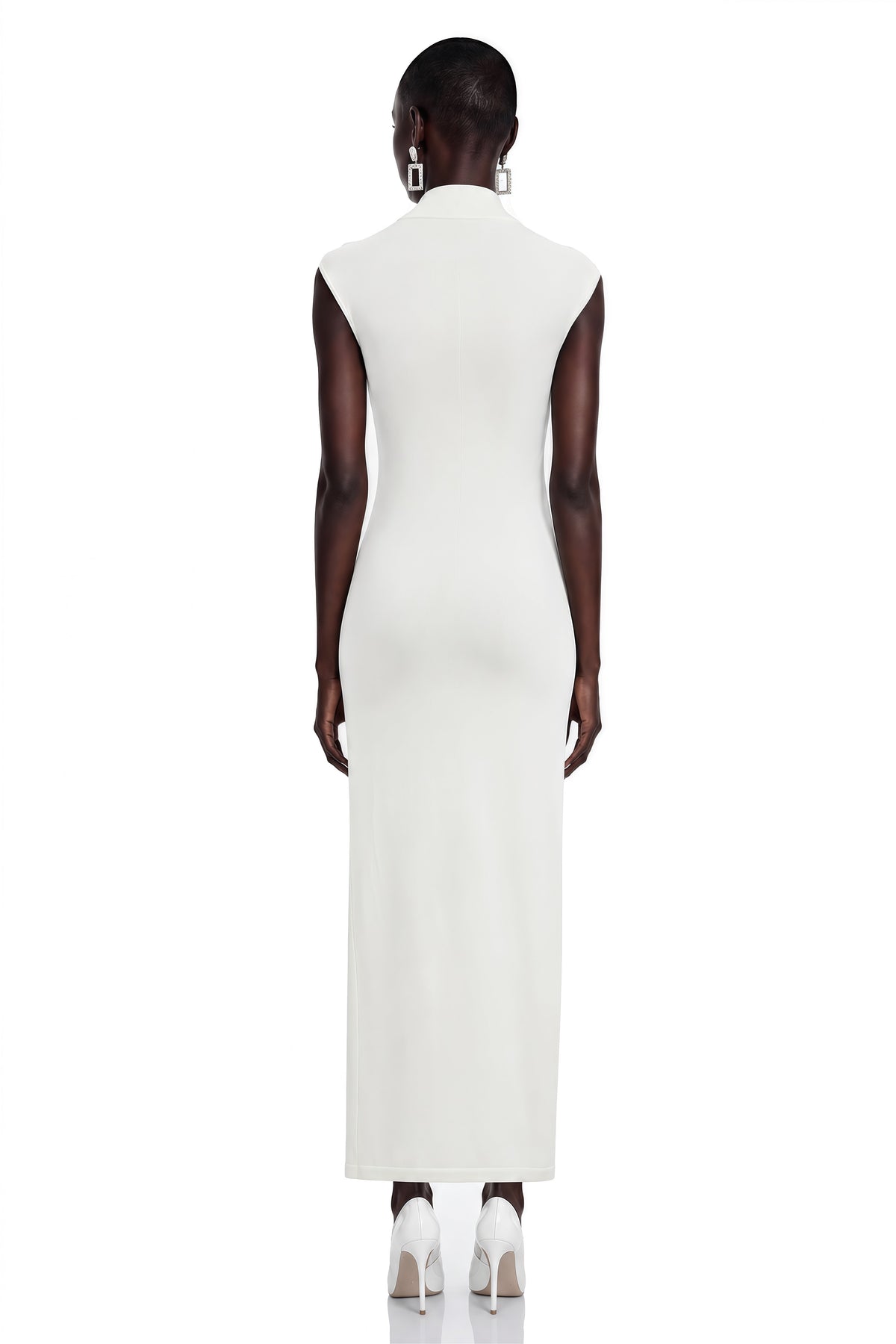 Linda White Bodycon Maxi Dress with Rhinestone Brooch
