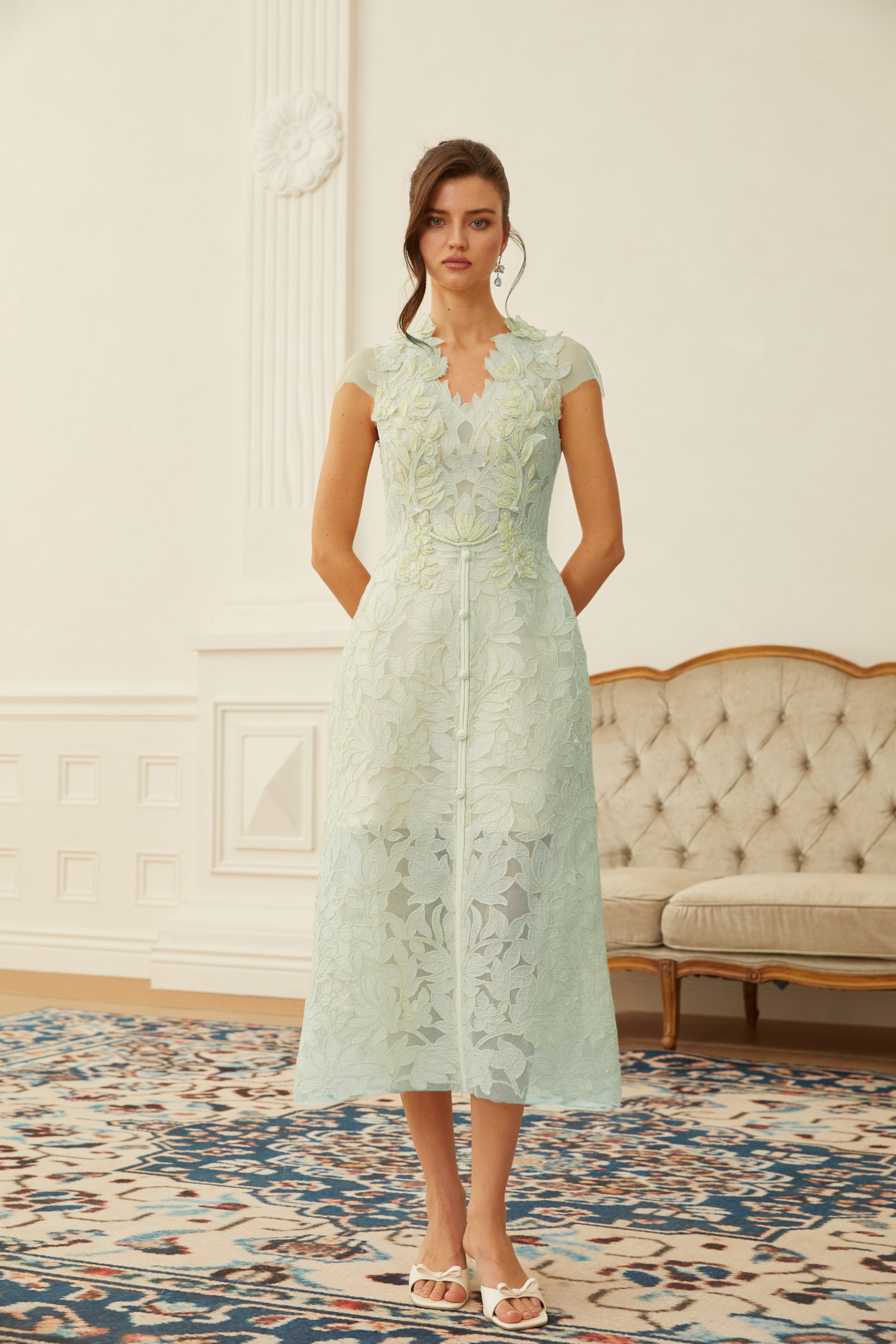 Linnea Green Floral Applique V-Neck Midi Dress