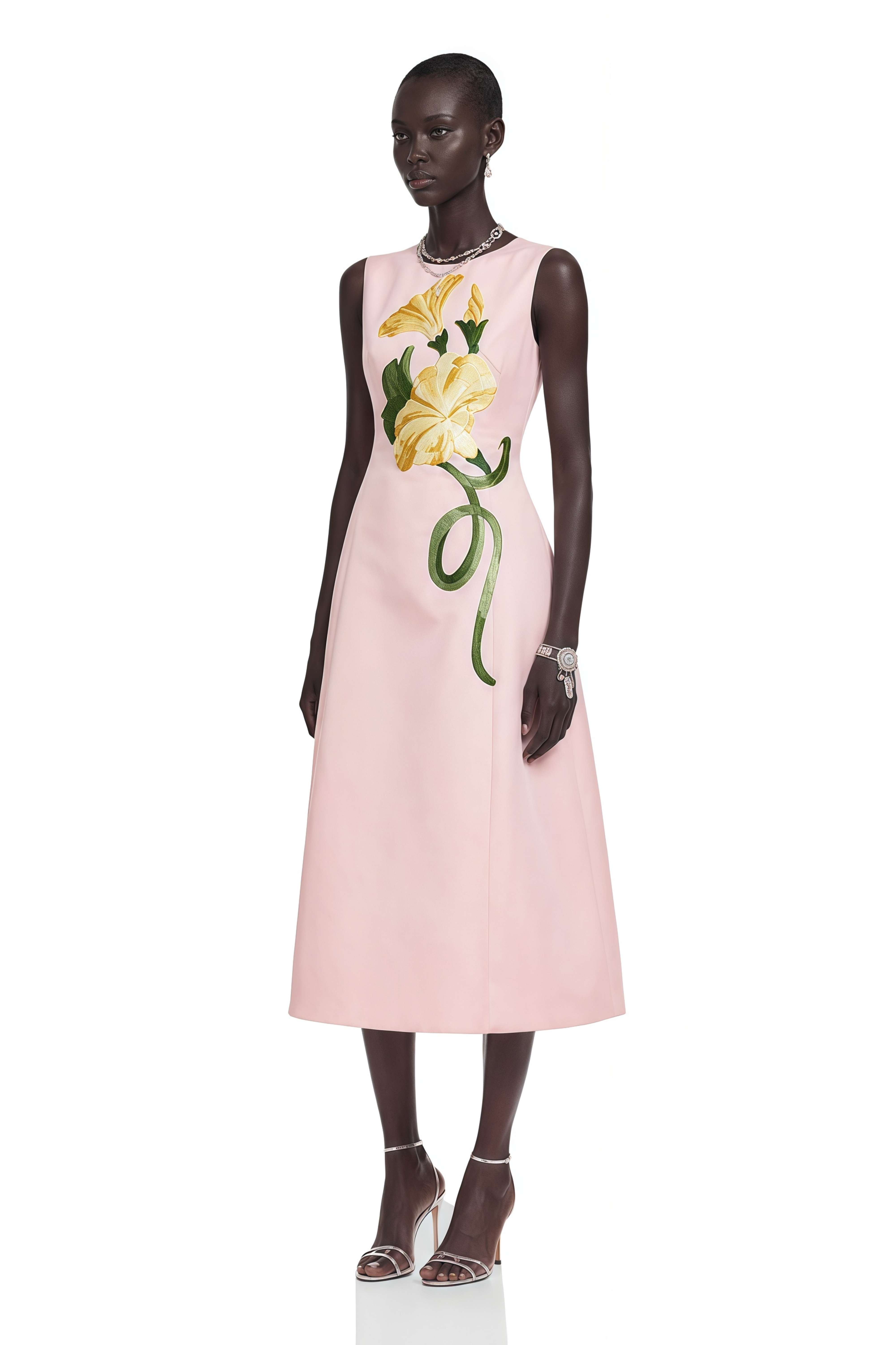 Livia Pink A-Line Midi Dress with Floral Applique