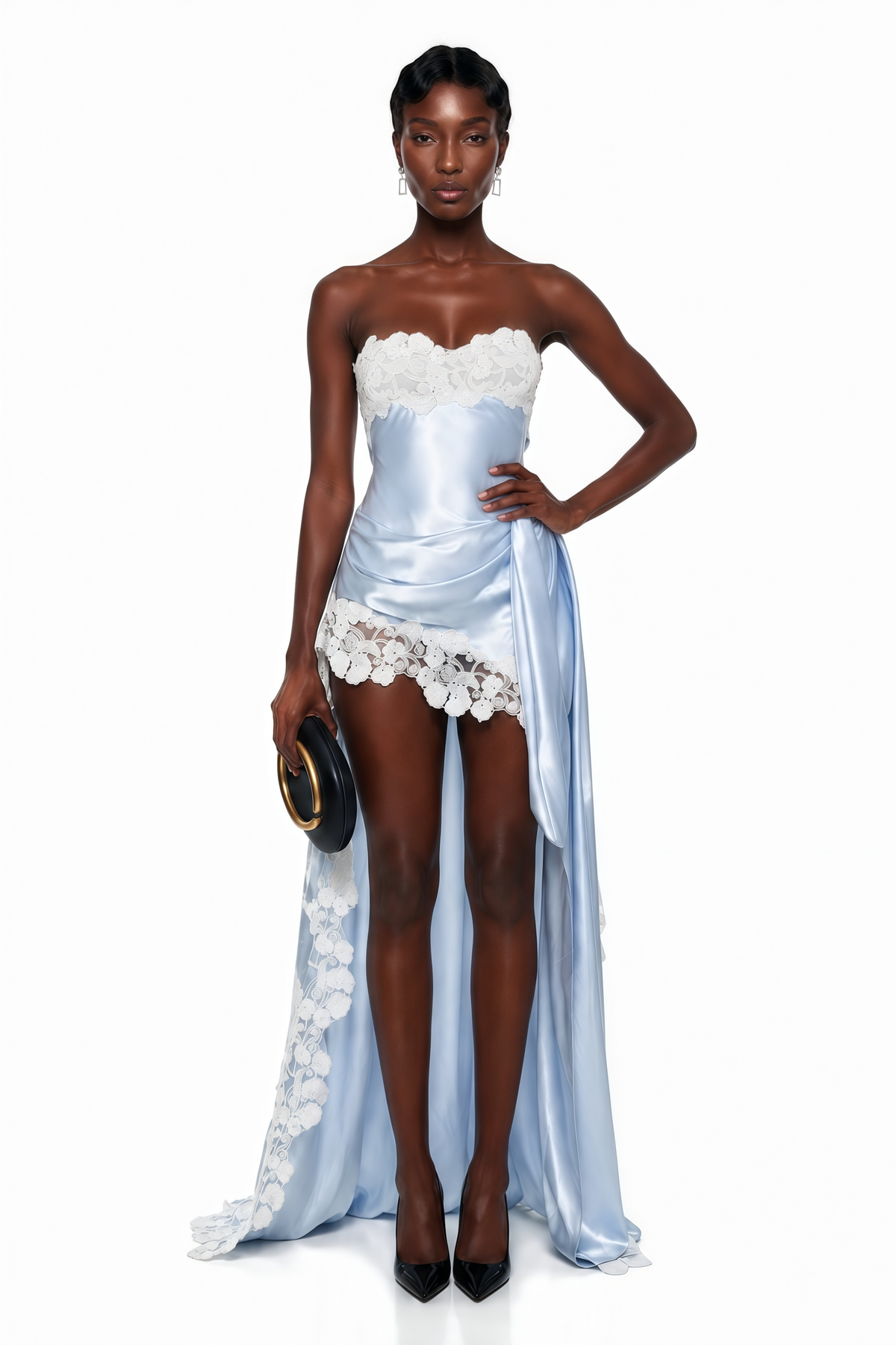 lola blue off shoulder asymmetrical maxi dress with lace trim