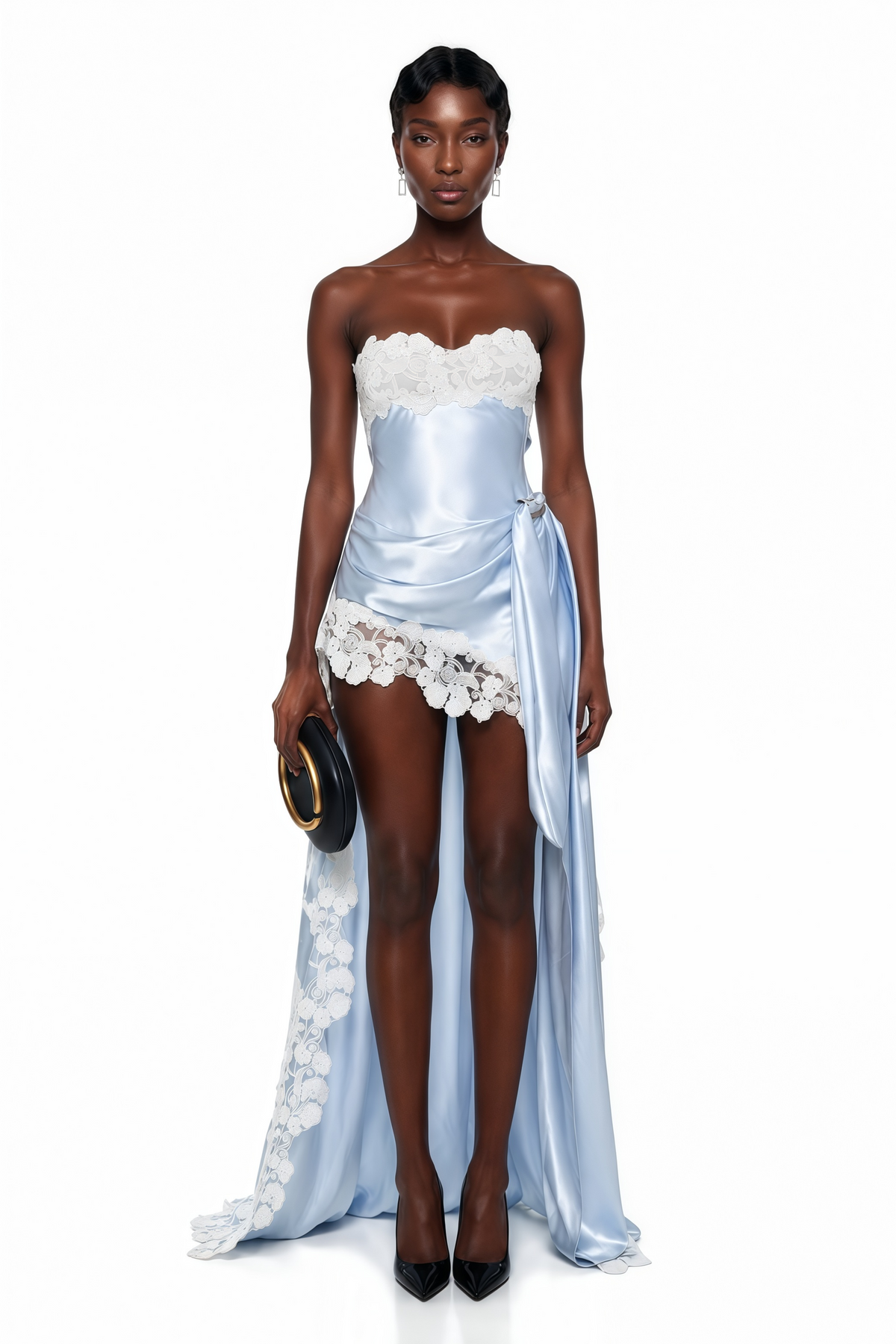 lola blue off shoulder asymmetrical maxi dress with lace trim