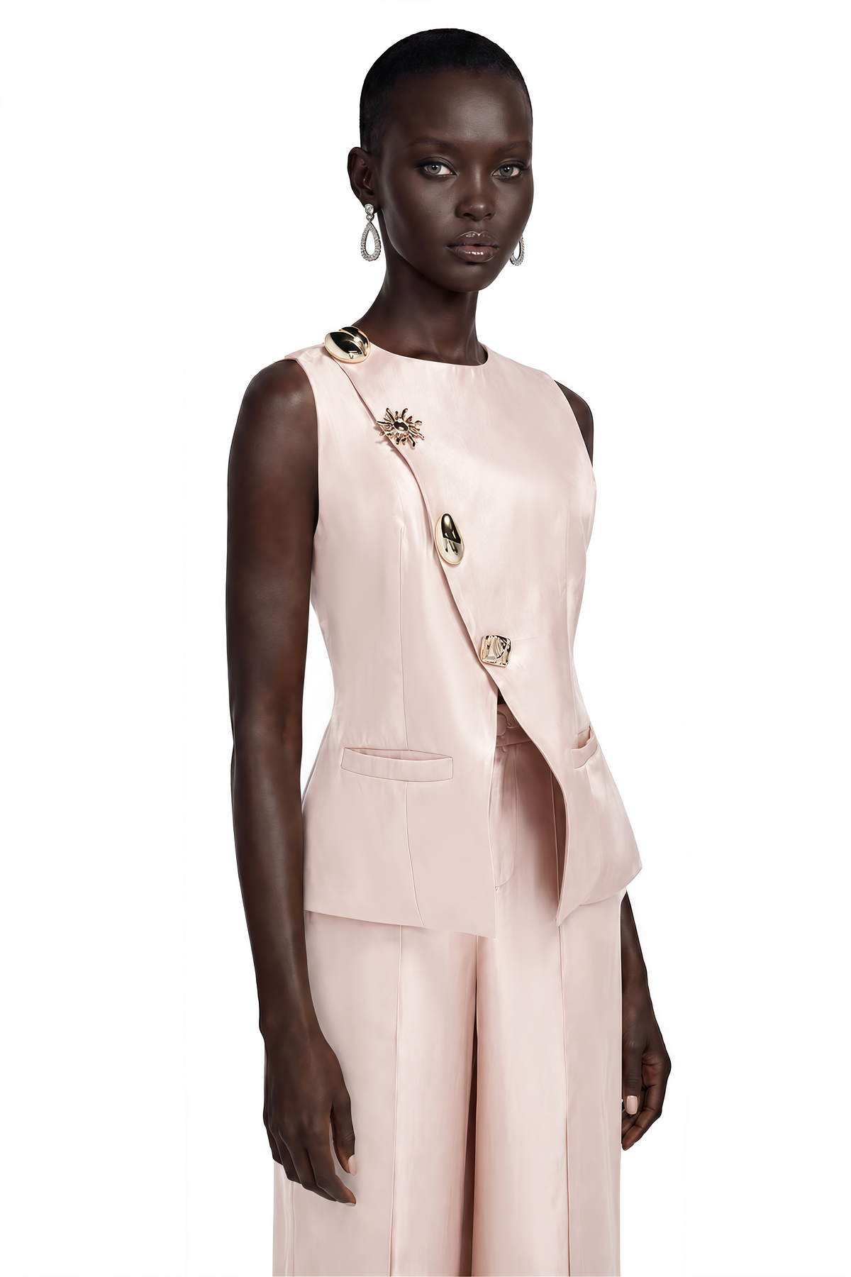 Lorraine Pink Tailored Vest & Trousers Set with Metal Brooch
