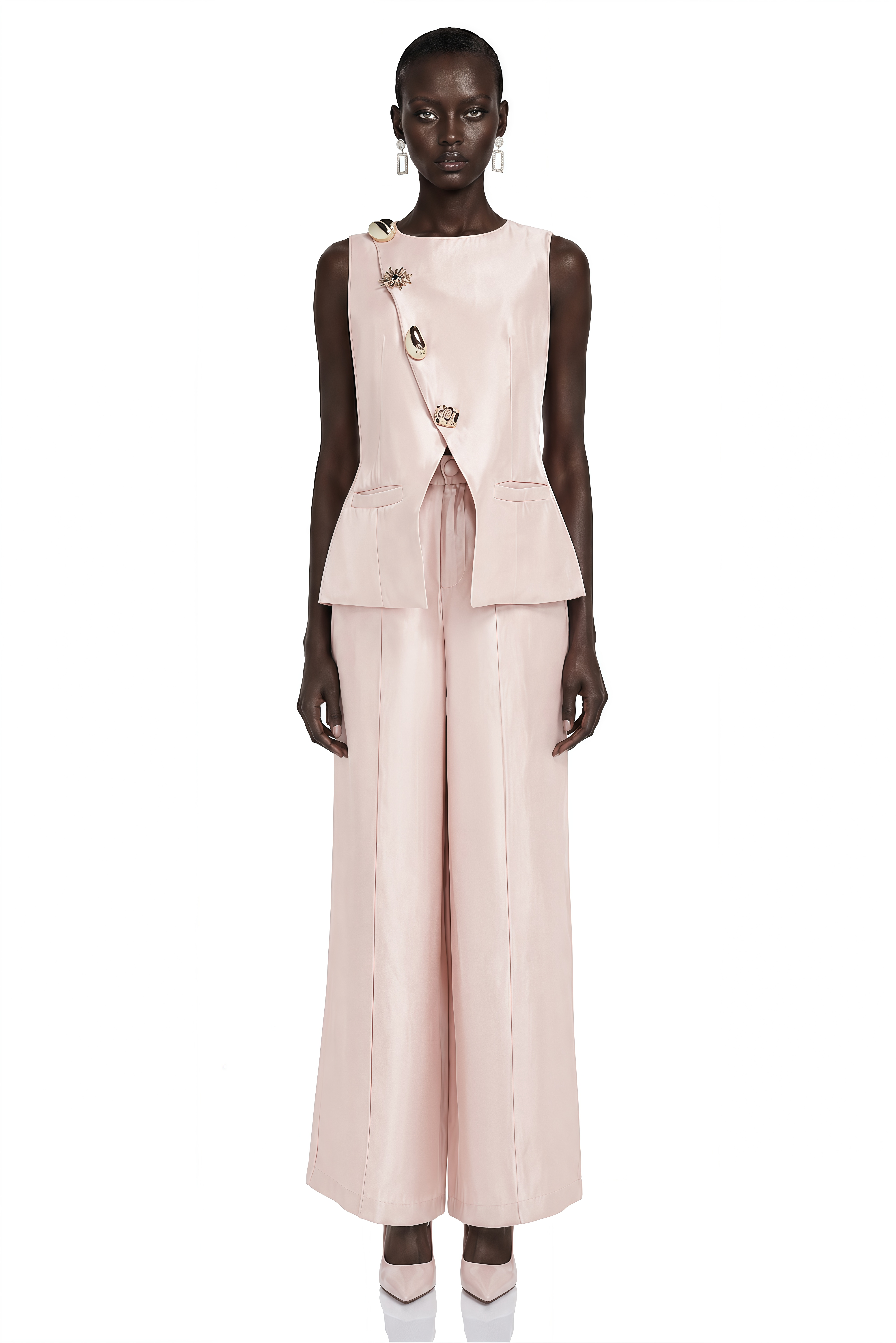 Lorraine Pink Tailored Vest & Trousers Set with Metal Brooch