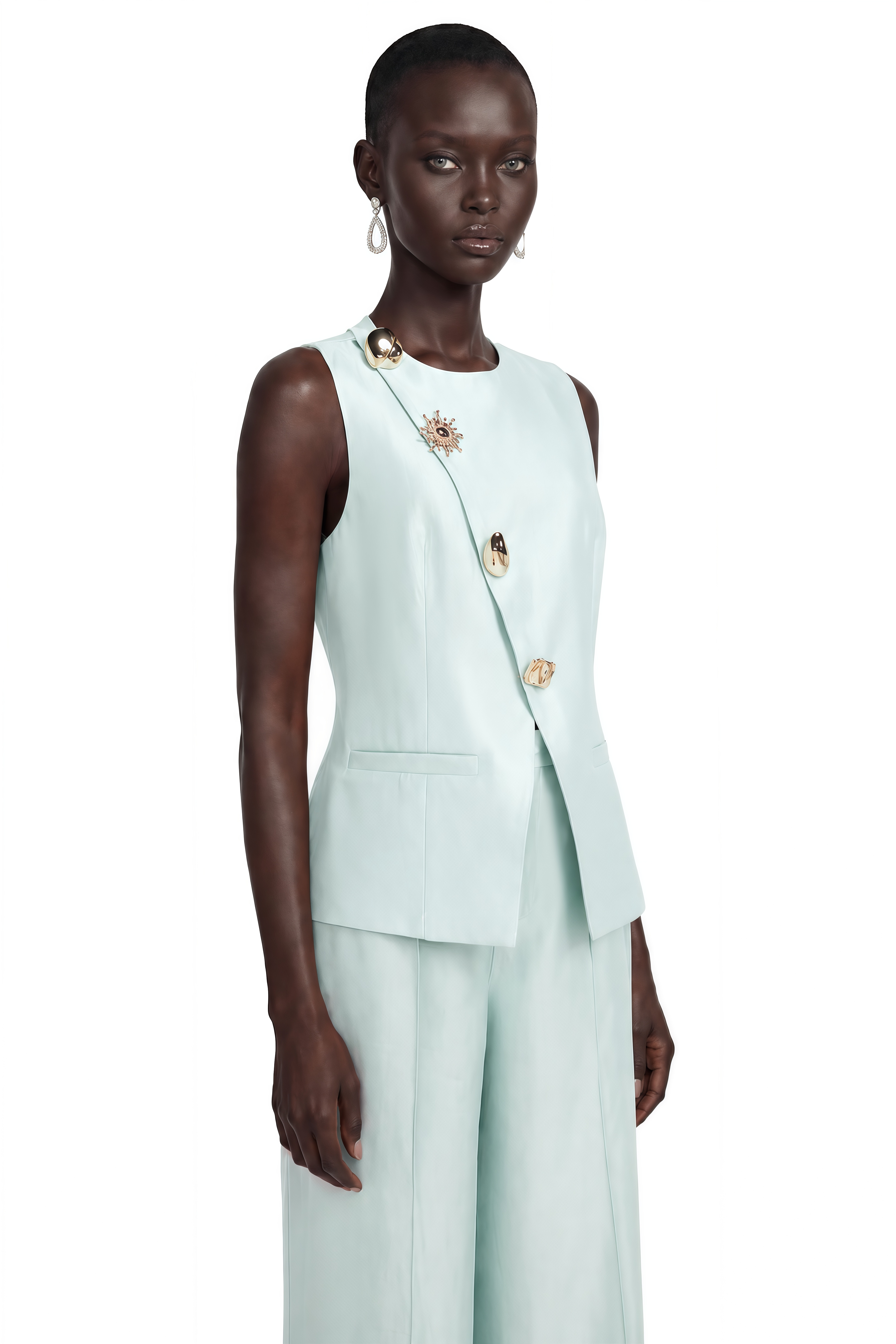 Lorraine Taupe Tailored Vest & Trousers Set with Metal Brooch
