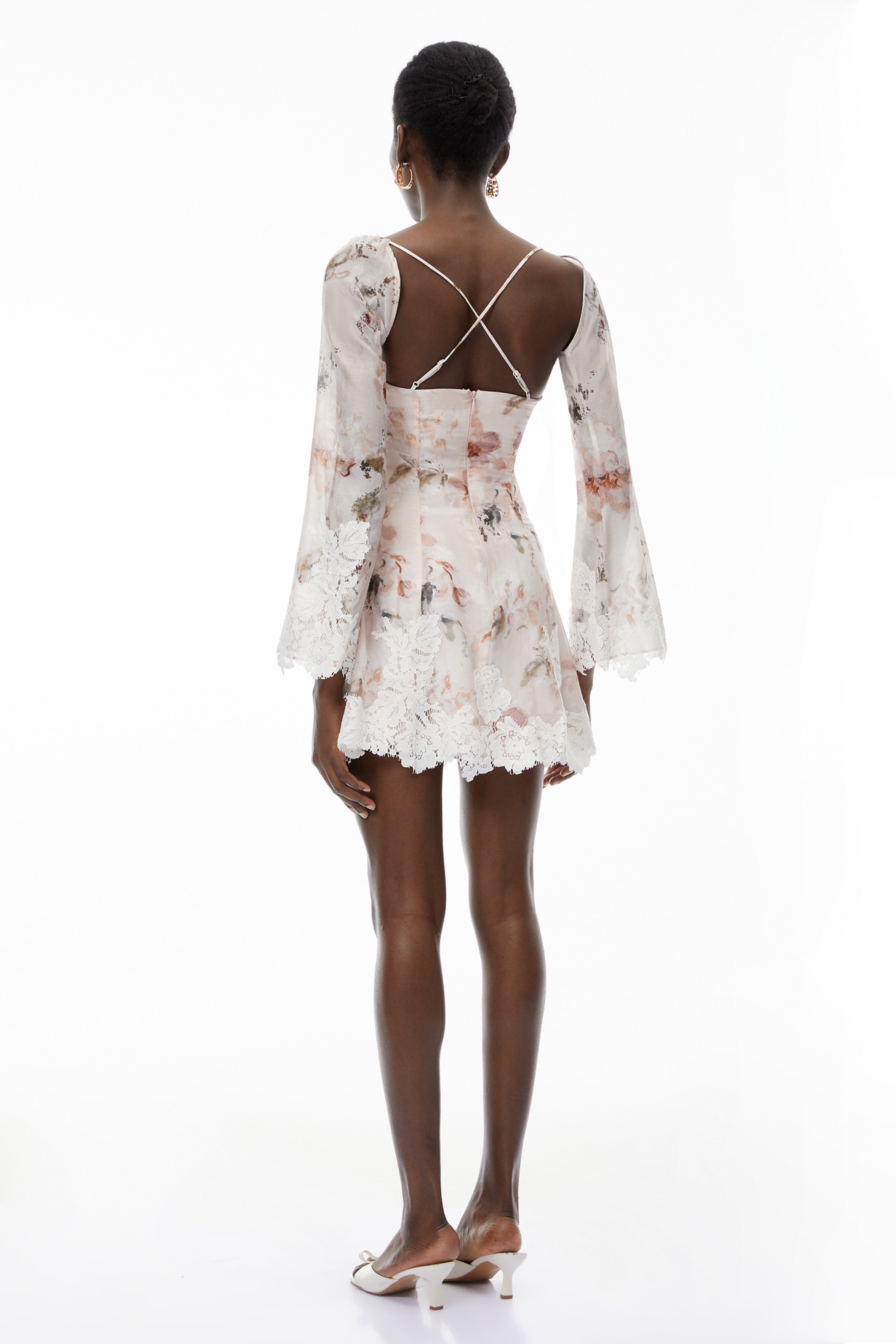 Lourdes Pink Floral Print Mini Dress with Lace Trim