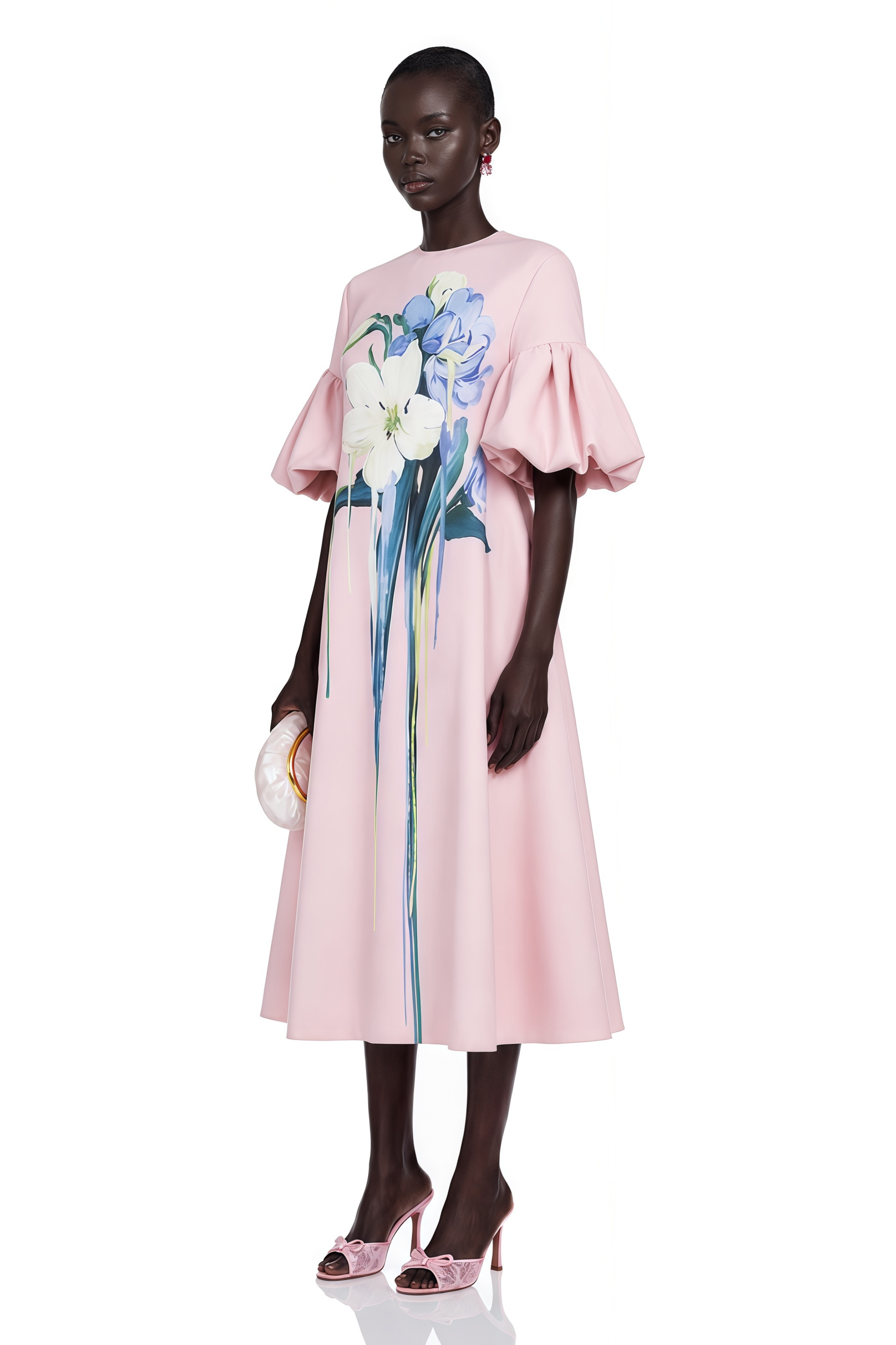 Lucía Pink Floral Print Midi Dress with Puff Sleeves