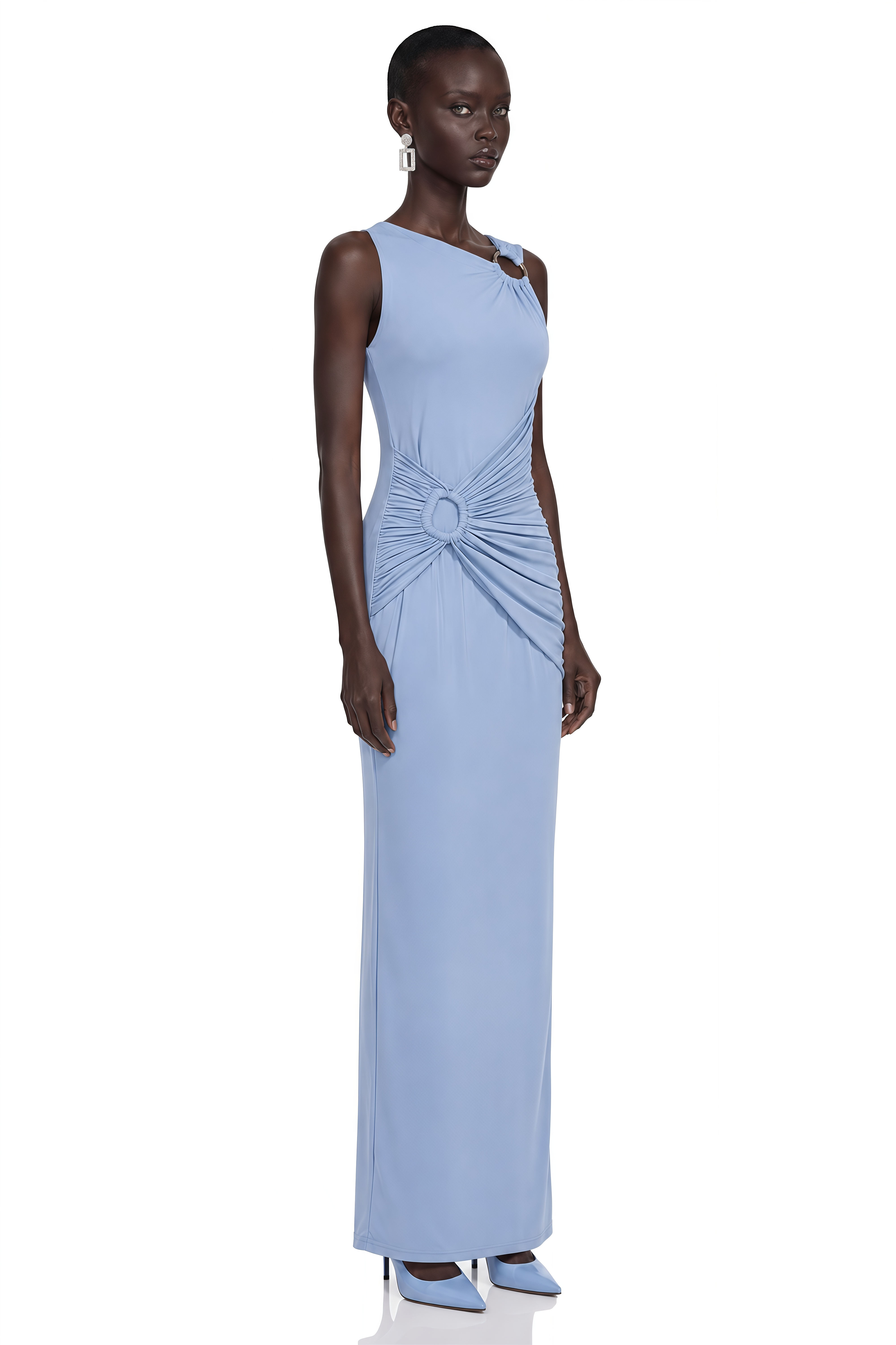 Ludmila Blue Ruched Maxi Dress with Metal Buckles