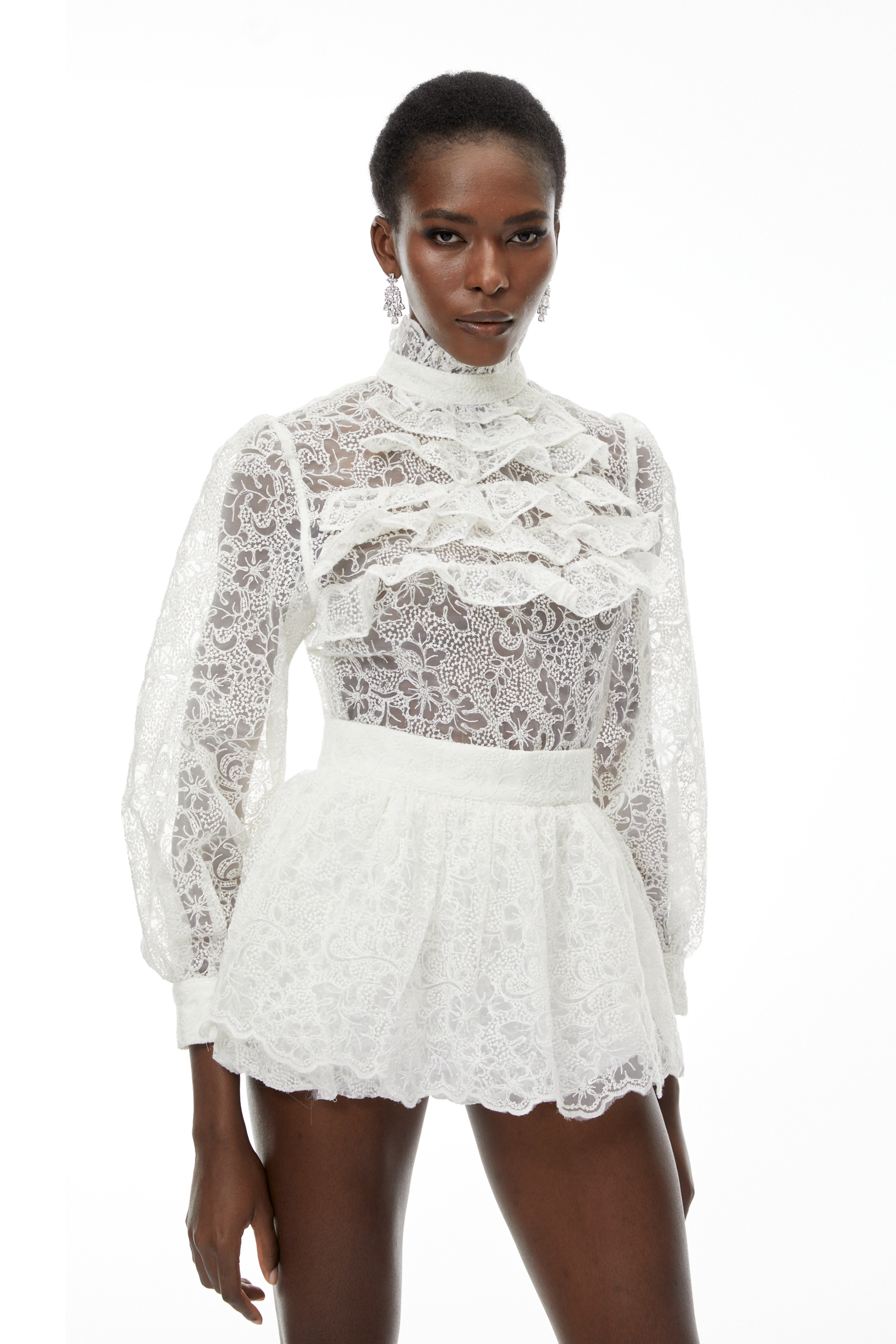 Ludwika White Lace Blouse & Ruffled Skirt Set