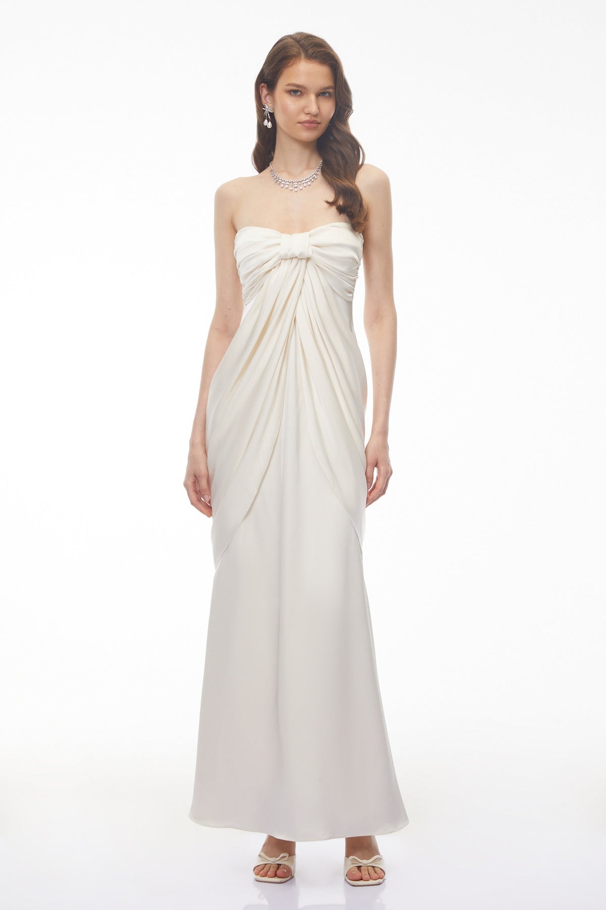 Luluwah White Ruched Maxi Dress with Bow Detail