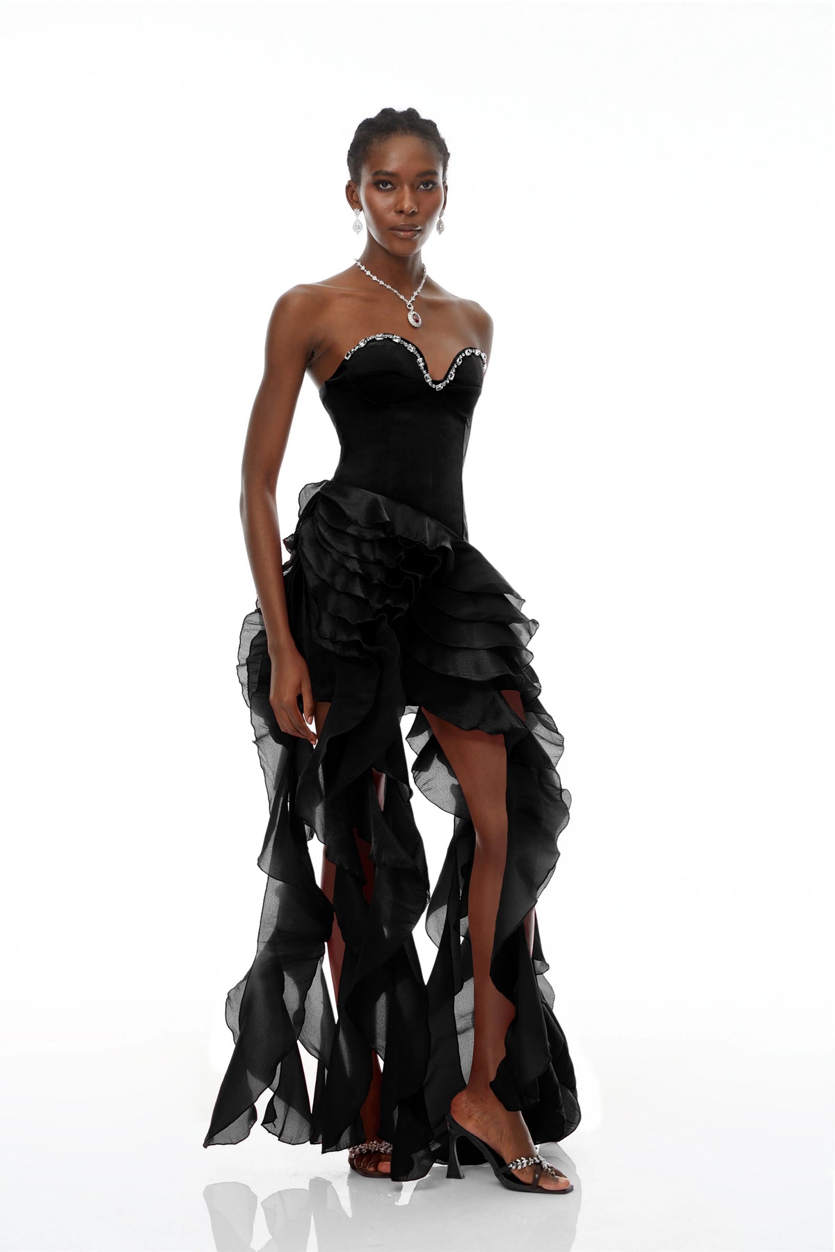 Lunetta Black Strapless Ruffled Maxi Dress