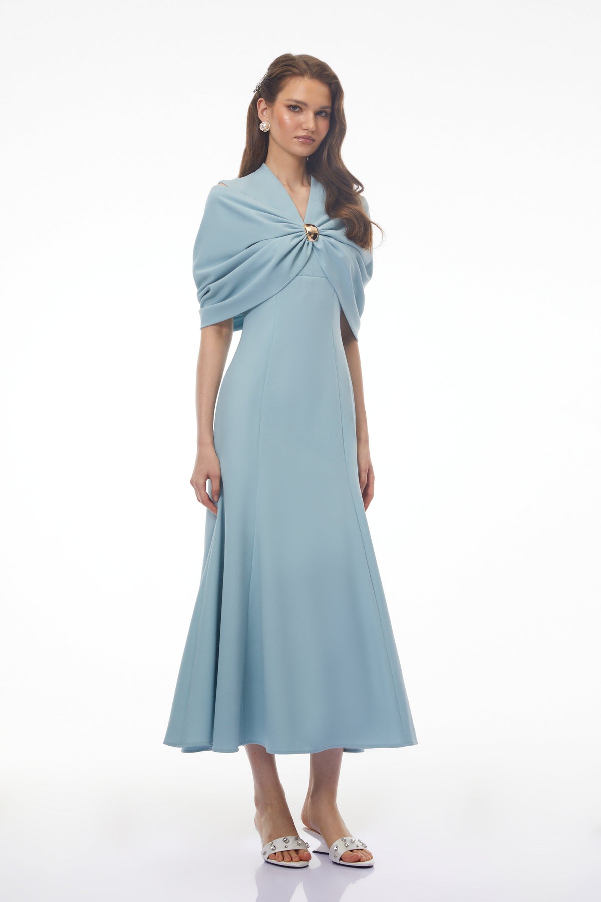 Lyla Blue Plunge Neck Midi Dress with Cape Sleeves
