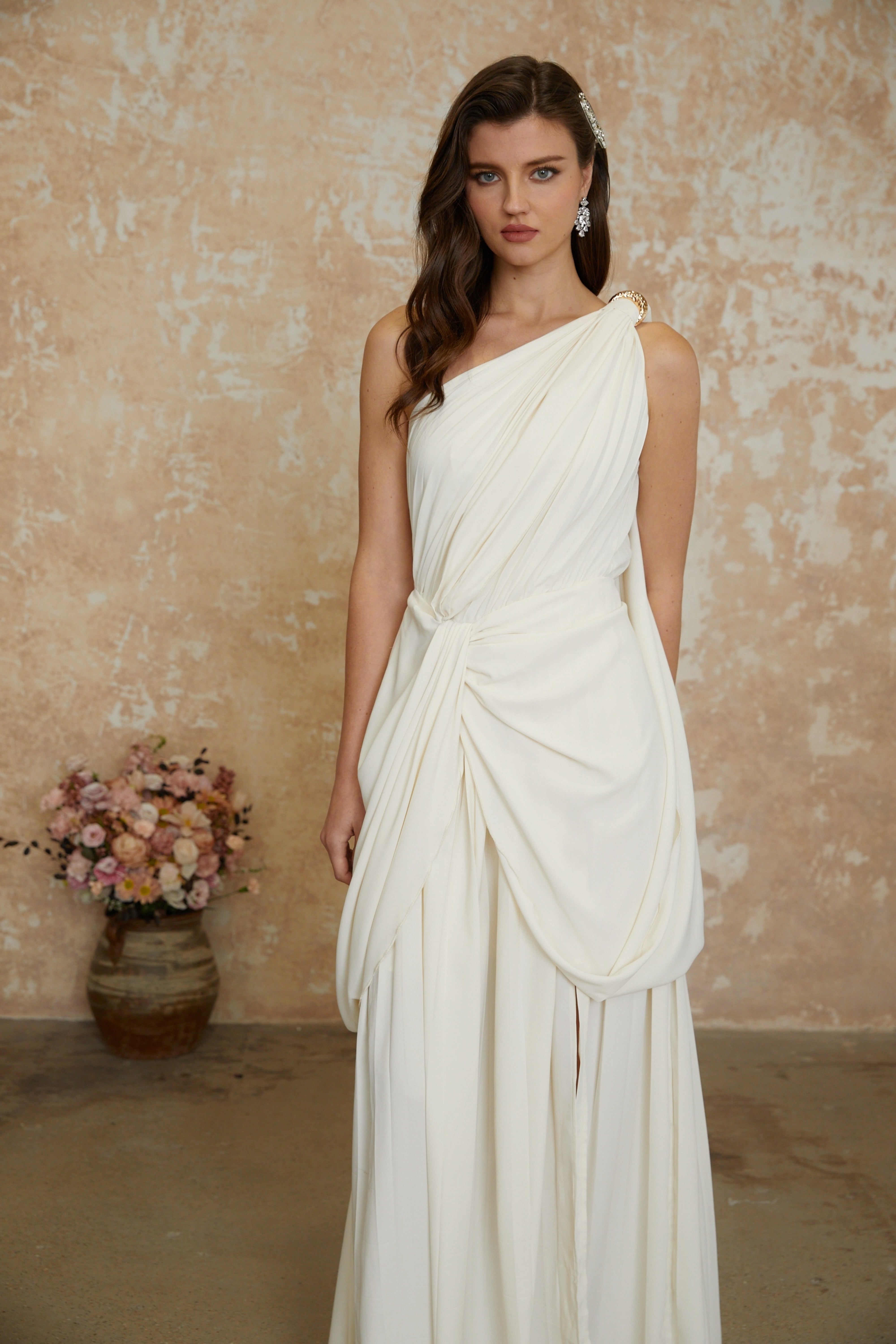 Lyric White Twist High Slit Ruched Maxi Dress (Final Sale-US Only)