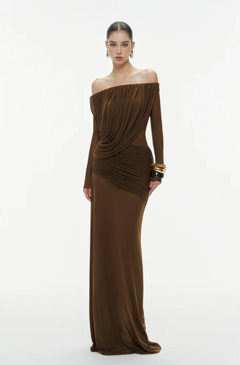 Zenobia Brown Asymmetrical Draped Mesh Maxi Dress