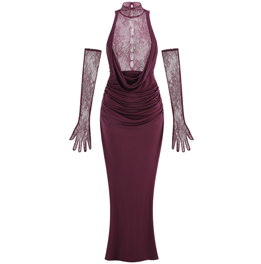 Borbála Magenta Lace Bodice Ruched Maxi Dress