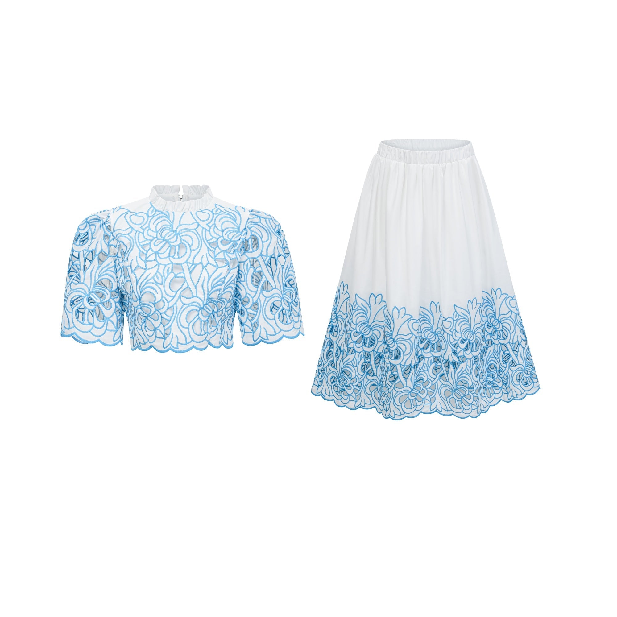 Aurore blue cut-out embroidered top & skirt matching set (Final Sale-US Only)