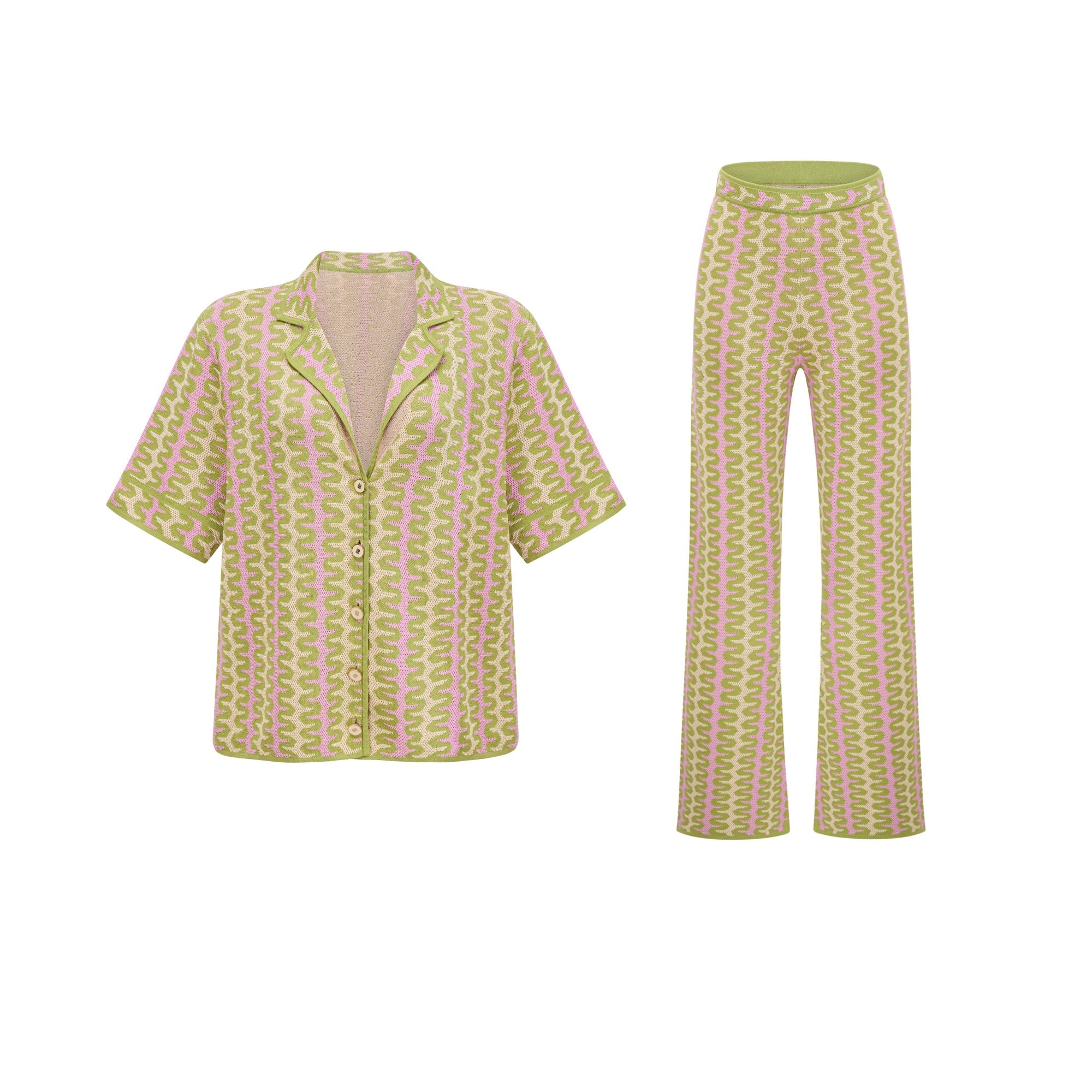 Ophélie green color-block knitted shirt & trousers matching set (Final Sale-US Only)