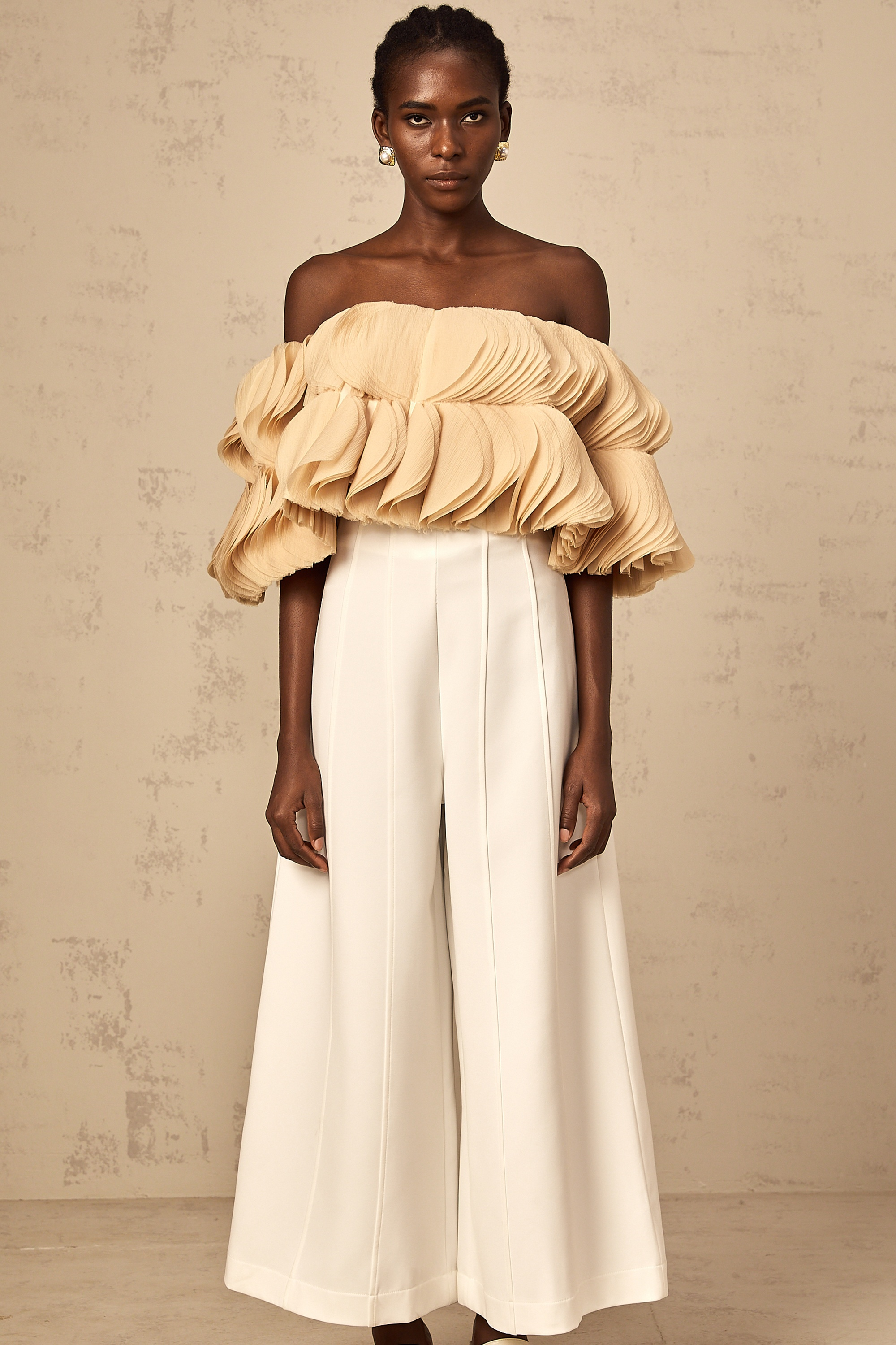 Elise neutrals off-shoulder shirred cropped top (Final Sale-US Only)