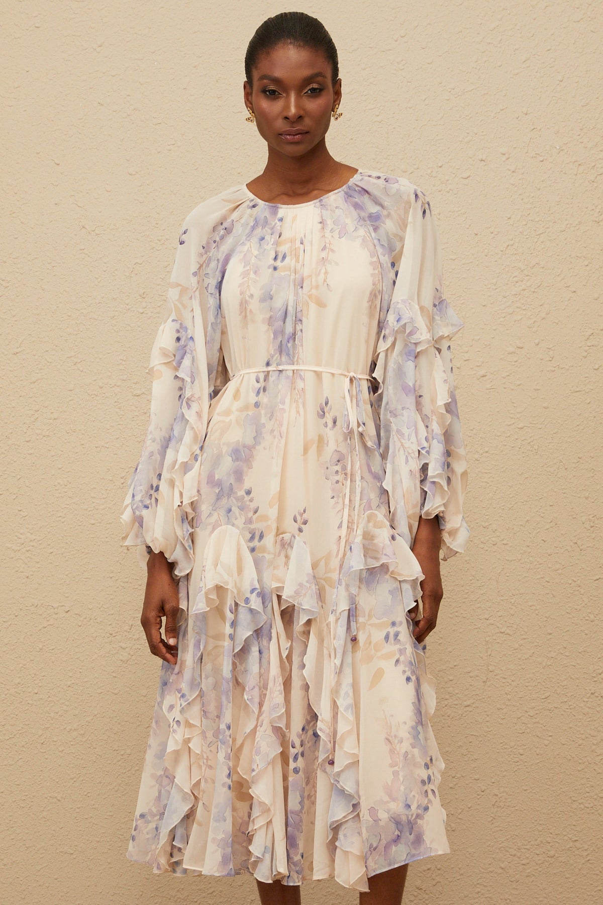 Yara Ruffled Floral Print Midi Dress