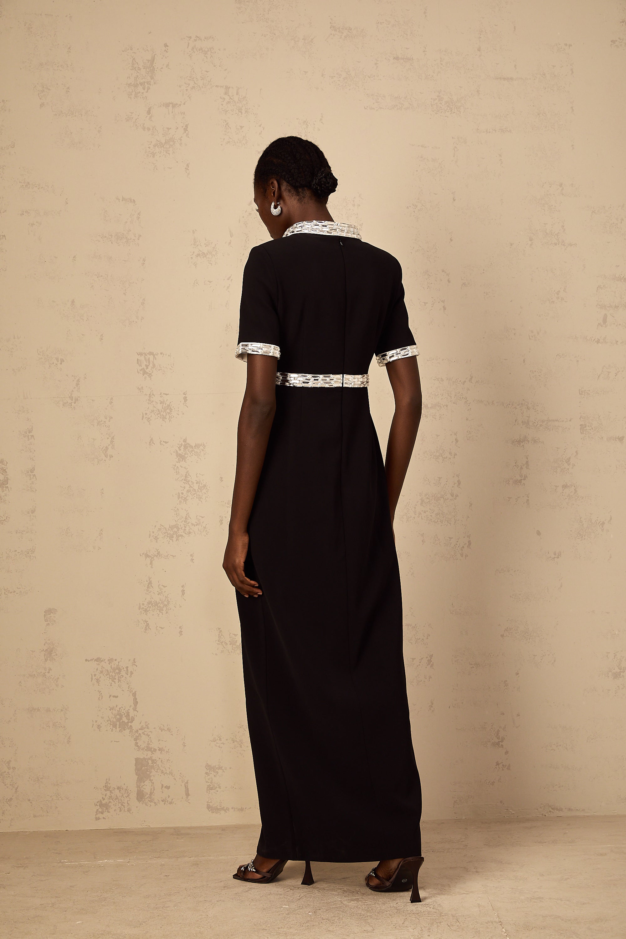 Mylène Black Front Slit Crystal Embellished Maxi Dress