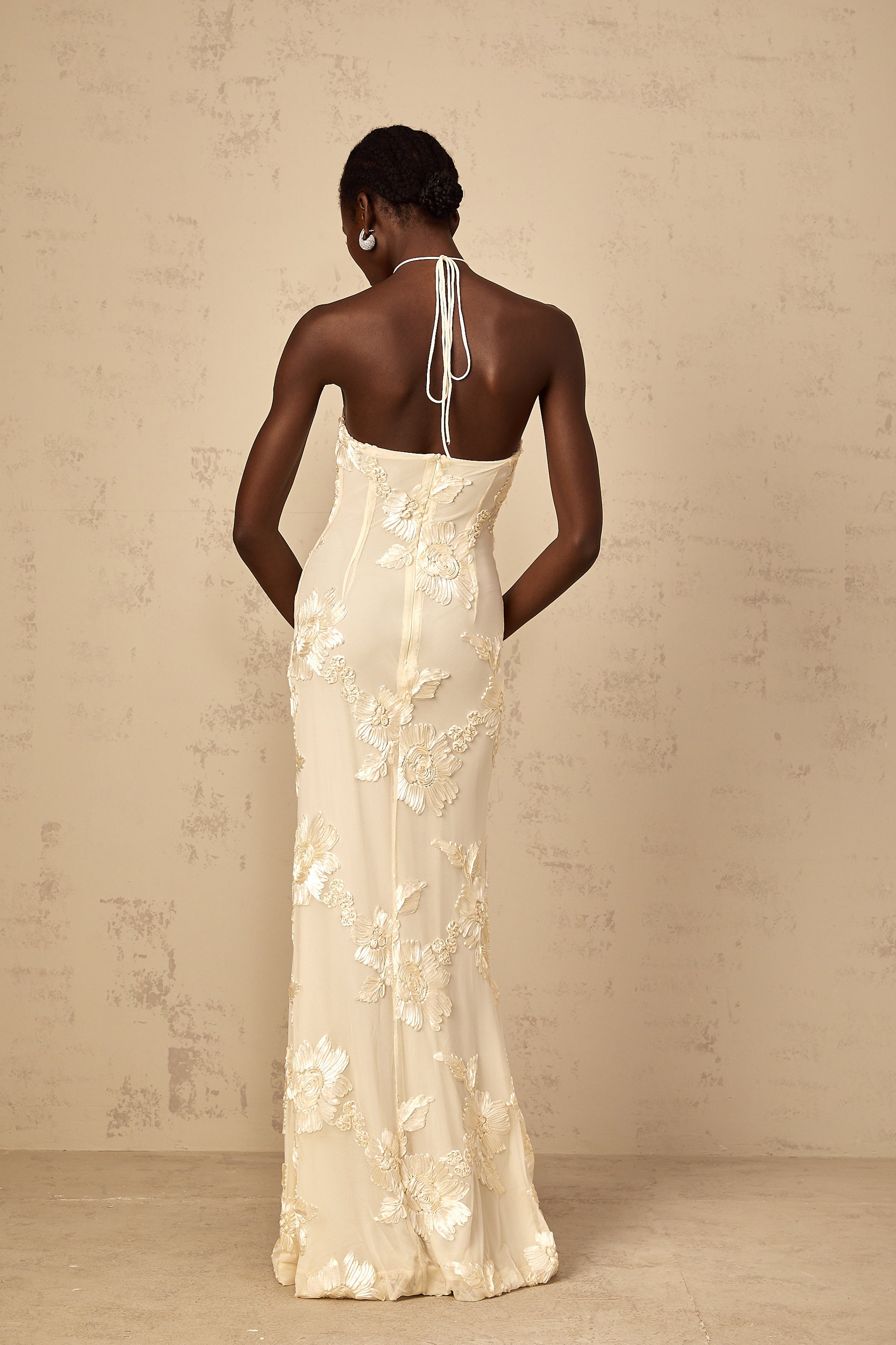 Melanie Neutrals Embroidered Halterneck Maxi Dress (Final Sale-US Only)