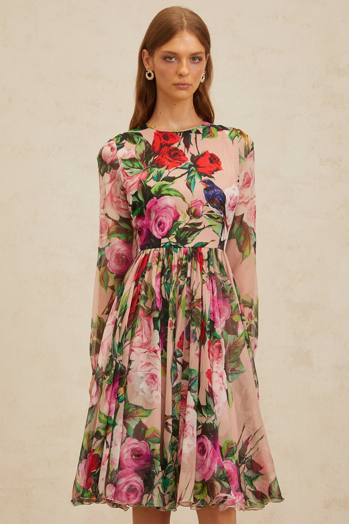 Coralie Pink Rose Print Summer Silk Midi Dress