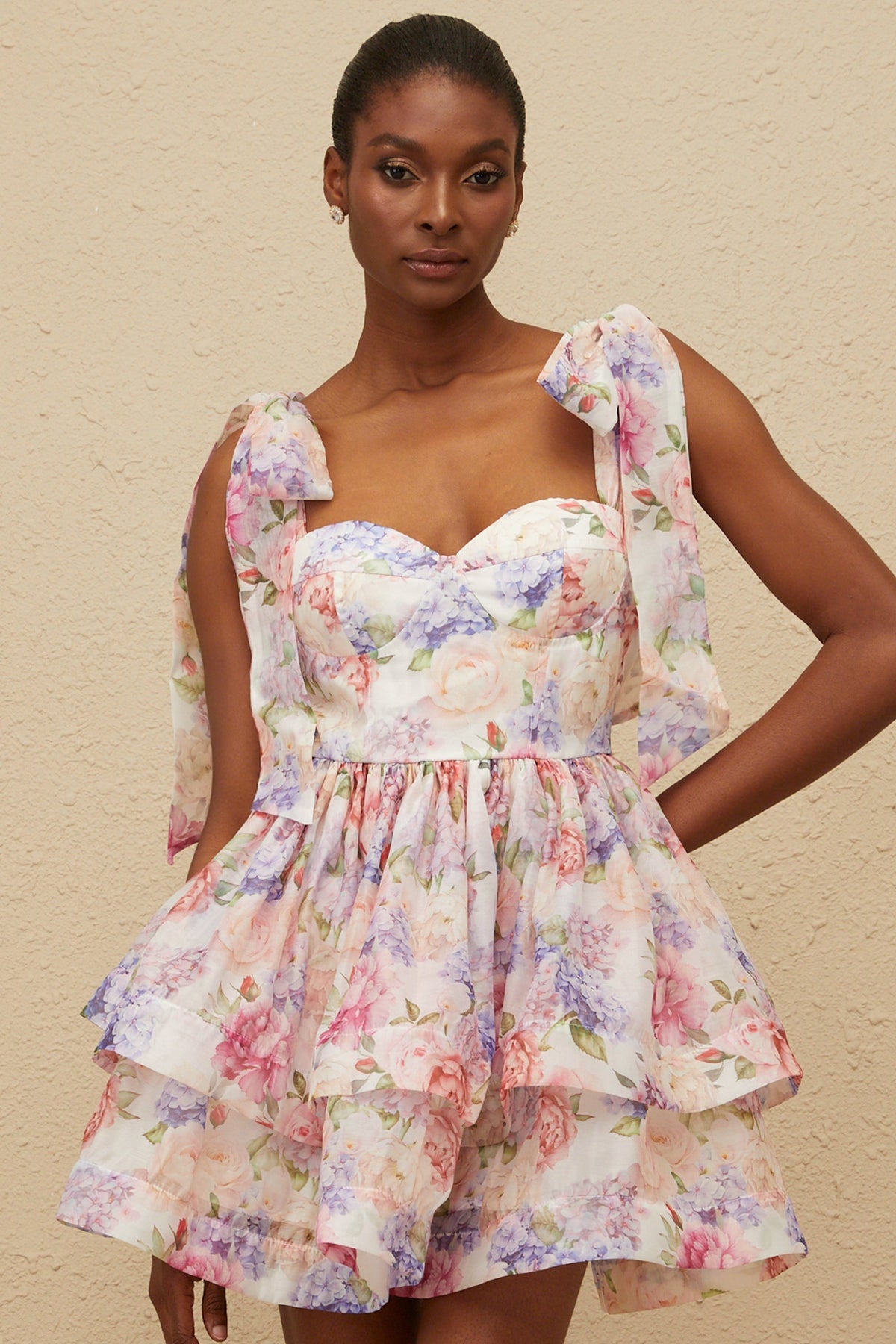 Hélène Pink Flounced Floral Print Mini Dress