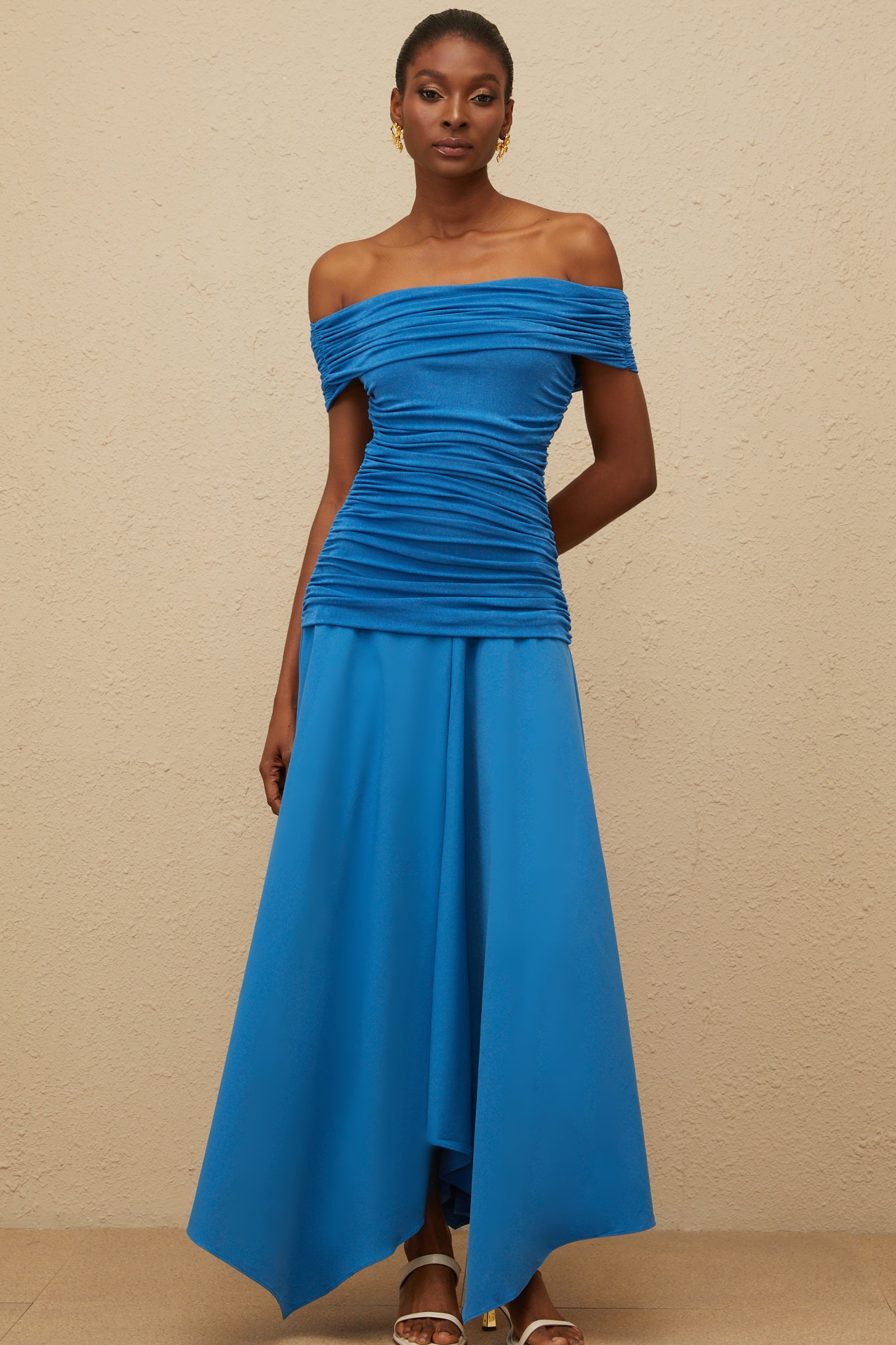 Amélie Blue Off-Shoulder Ruched Maxi Dress (Final Sale-US Only)