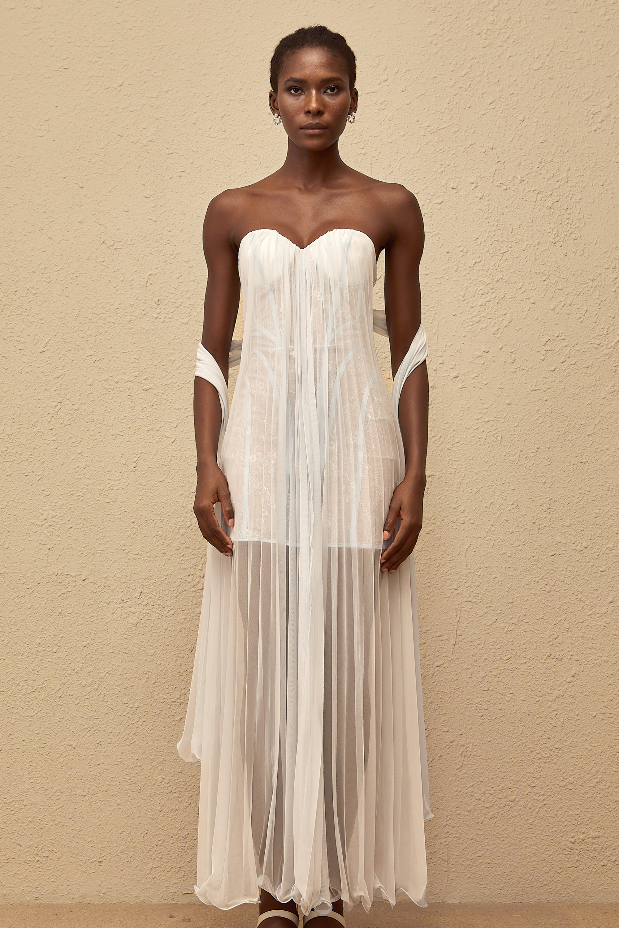 Monique Light Blue Pleated Mesh Maxi Dress