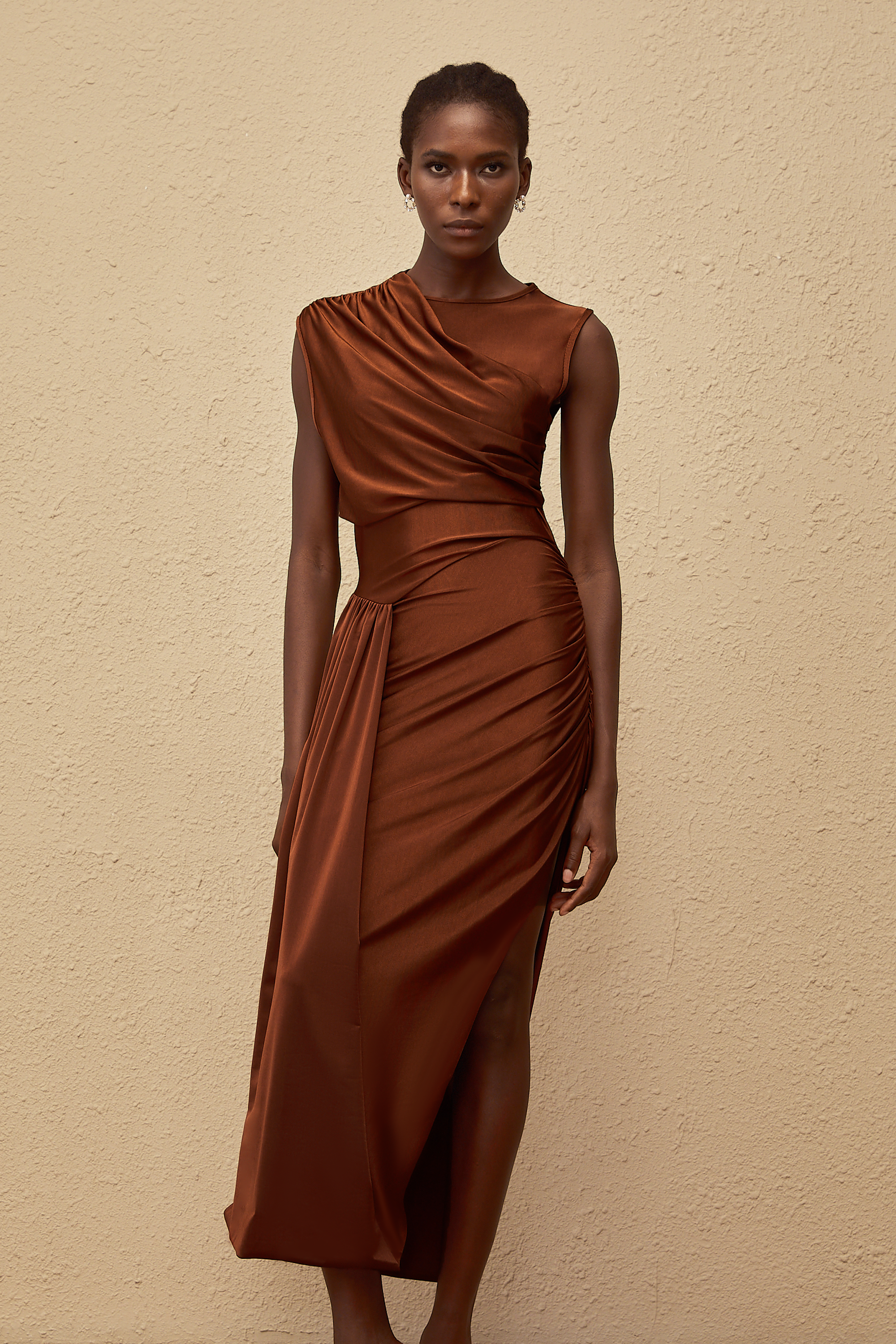 Reine Brown Asymmetrical Ruched Maxi Dress (Final Sale-US Only)