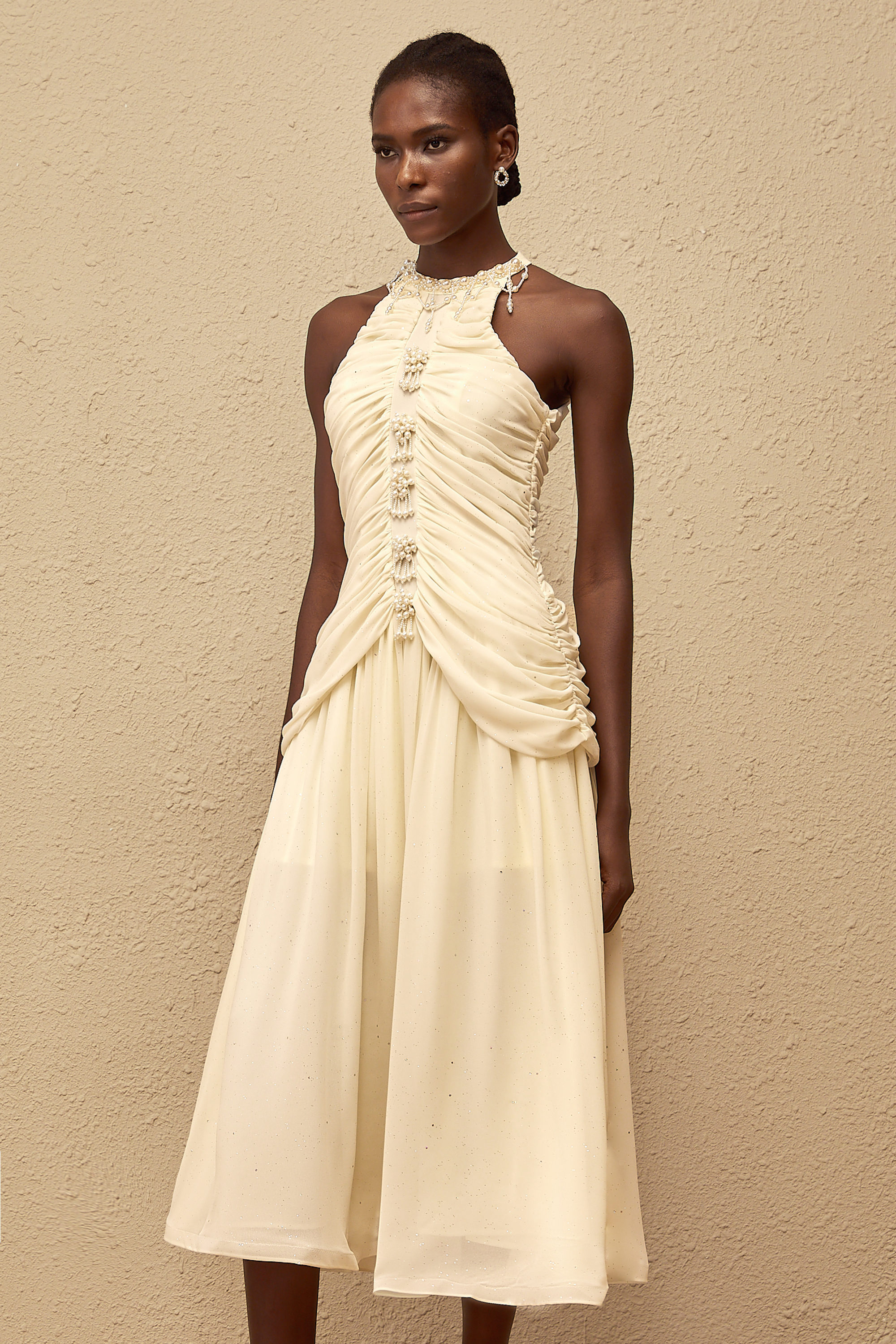 Martha White Faux Pearl Ruched Midi Dress (Final Sale)