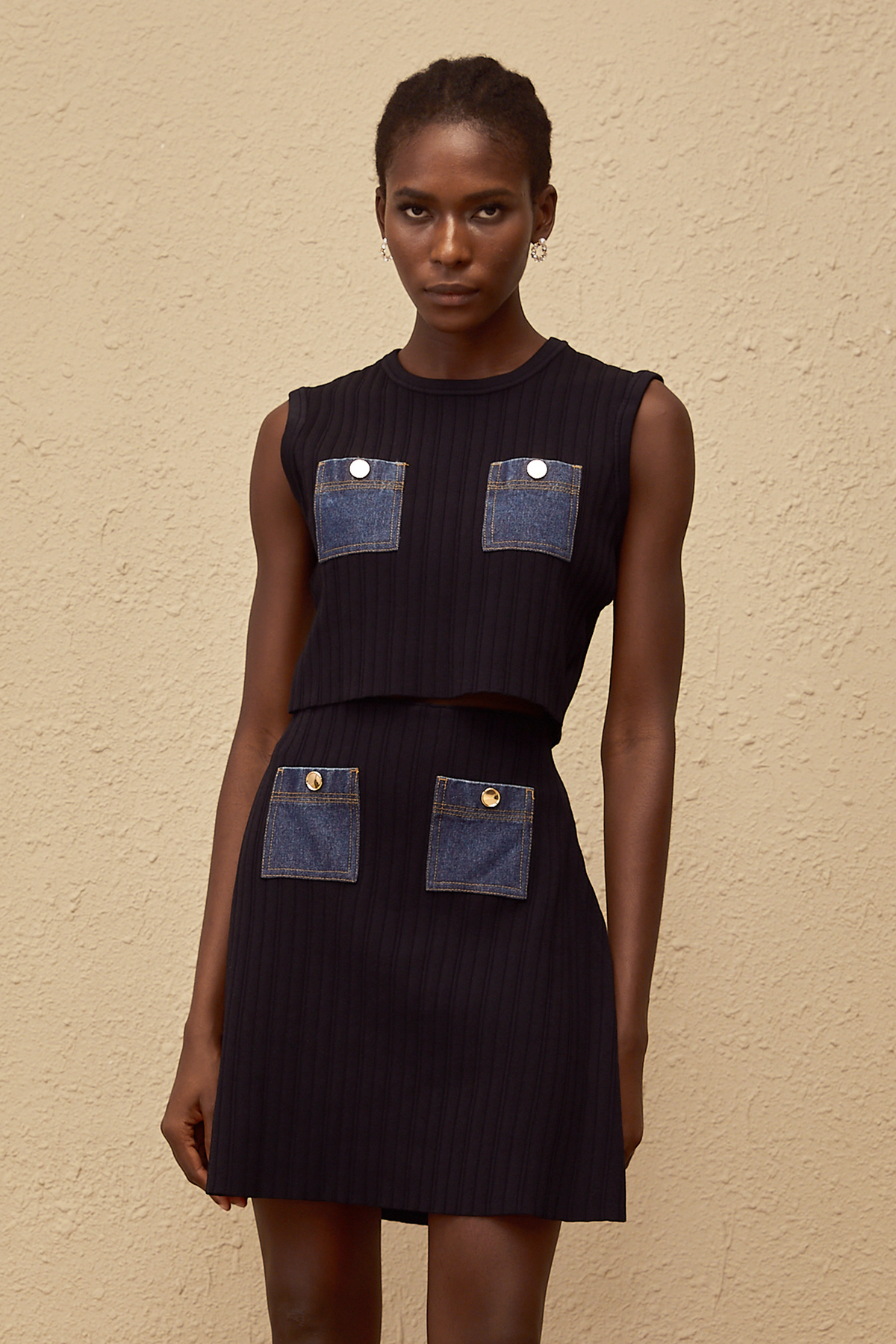 Cleopatra Blue Denim Panel Ribbed Knit Matching Set (Final Sale)