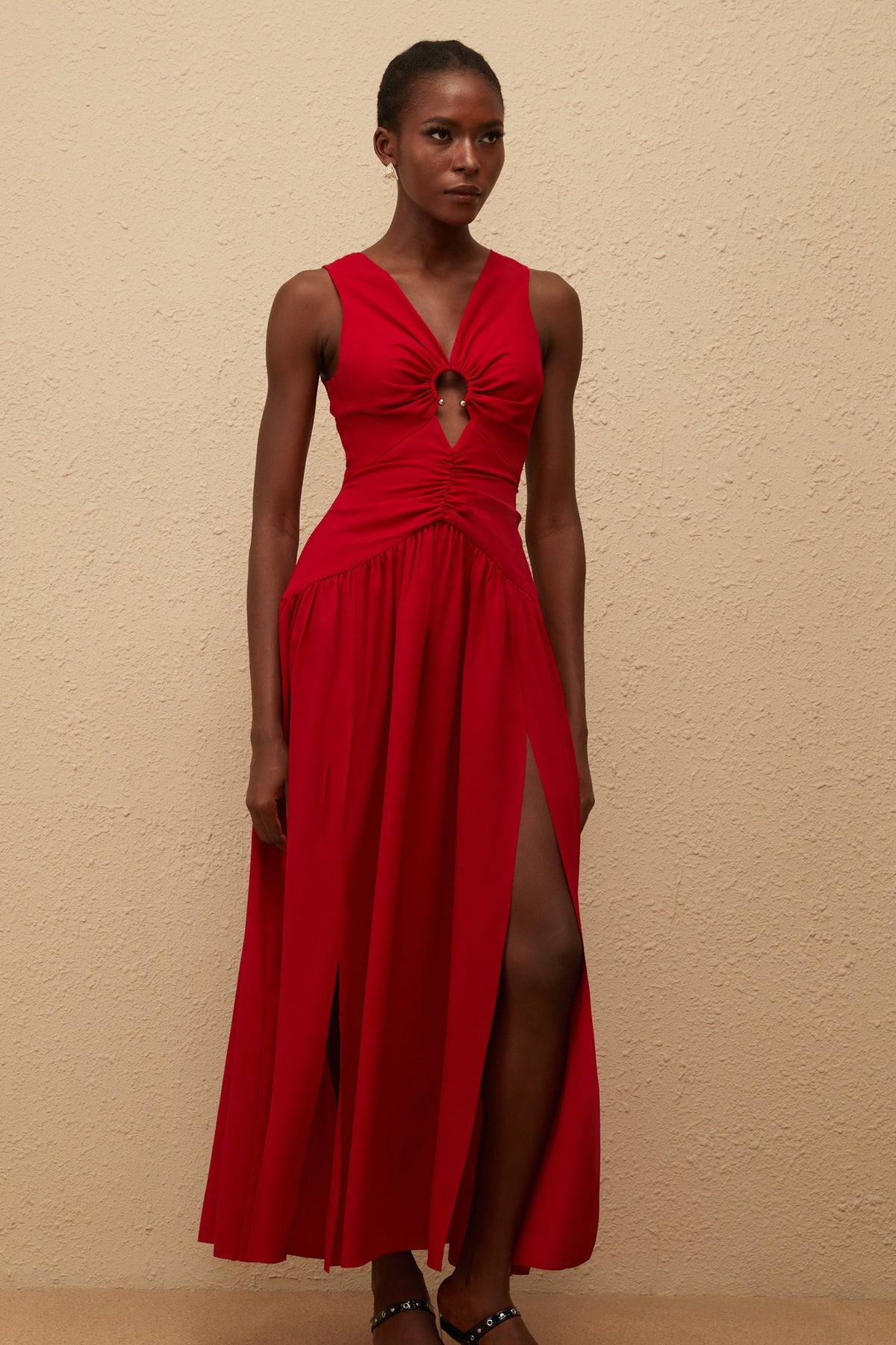 Kleopatra Red Keyhole Detail Ruched Midi Dress (Final Sale)