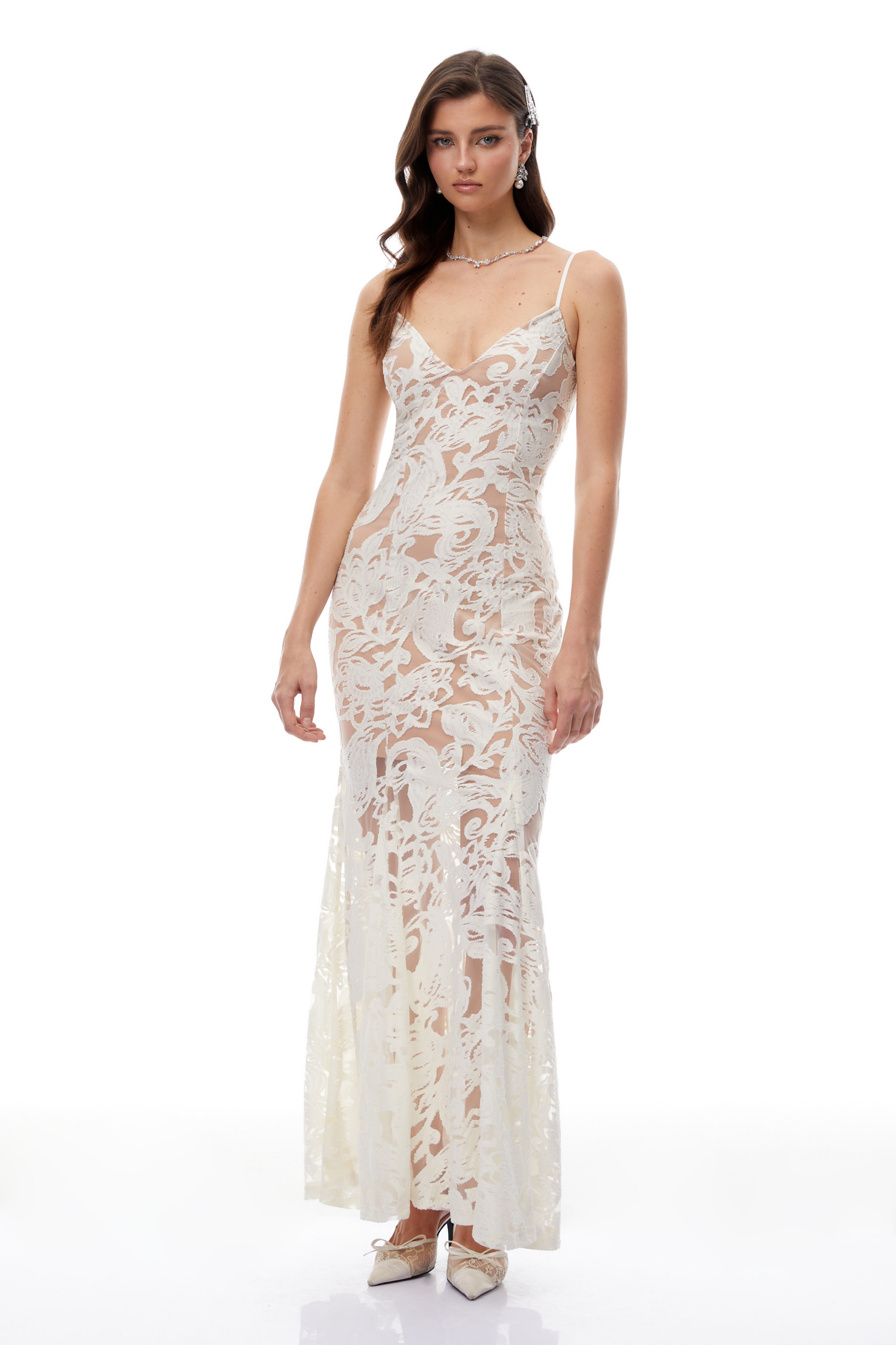 Paloma White Floral Lace Tulle Maxi Dress
