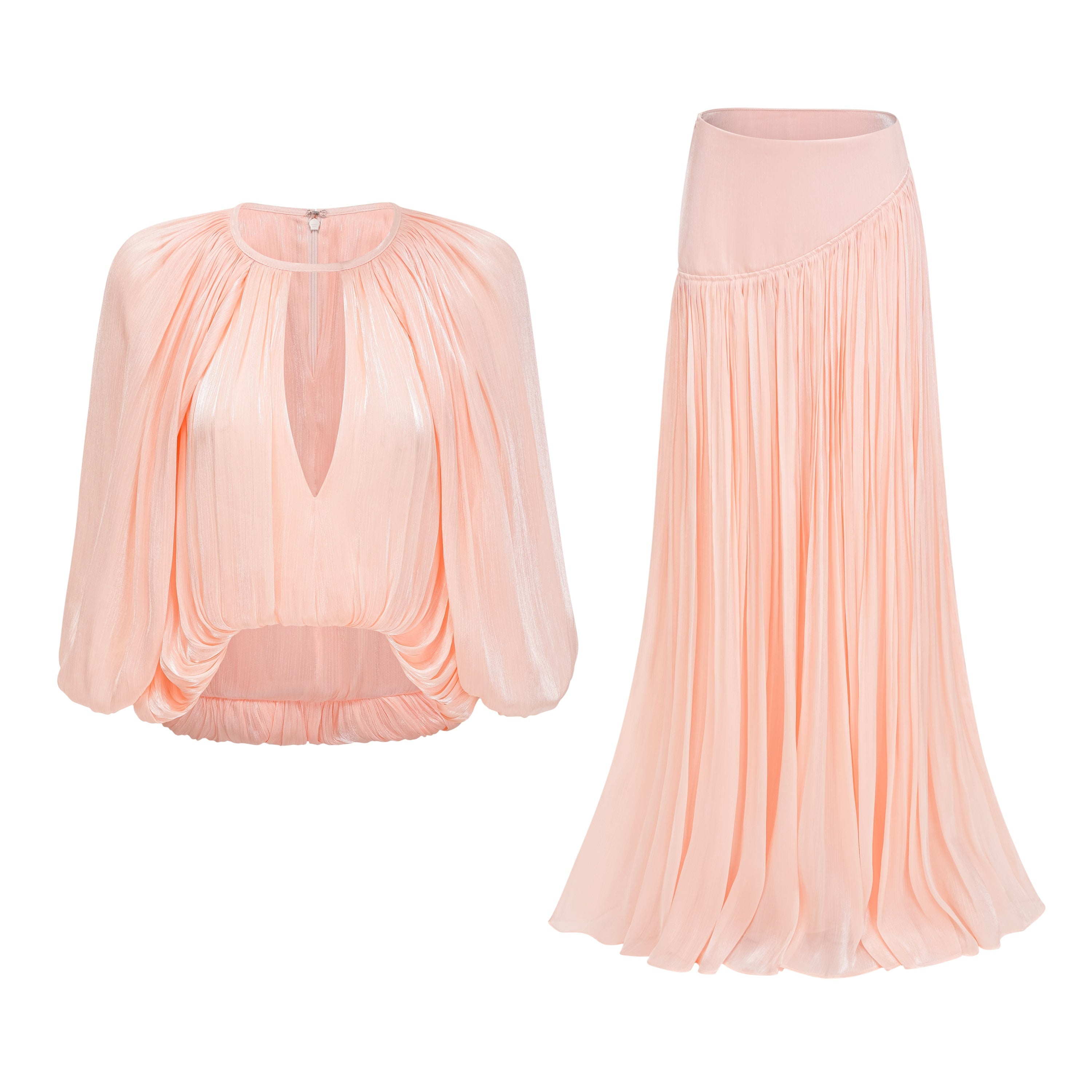 Mélodie Pink Pleated Glossy Top & Skirt Set