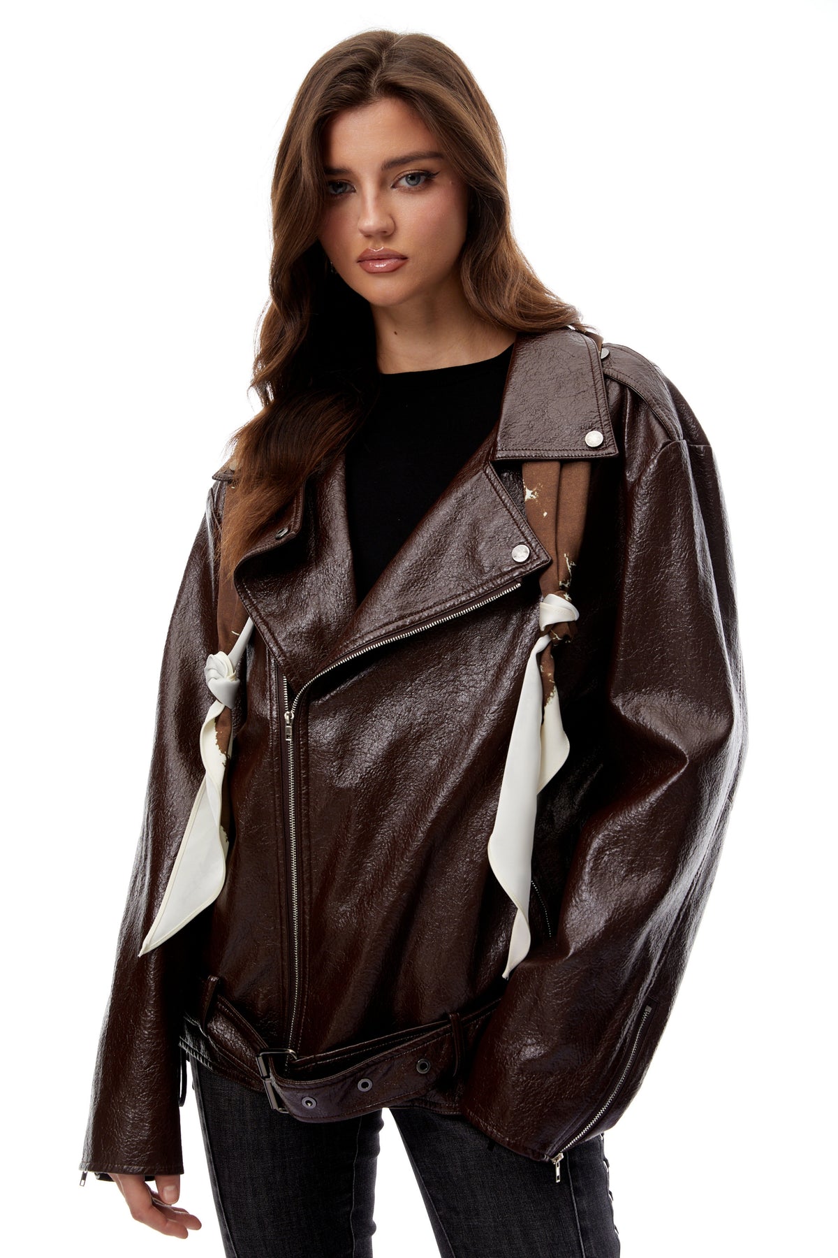 Briar Chestnut Scarf Detail Leather Jacket
