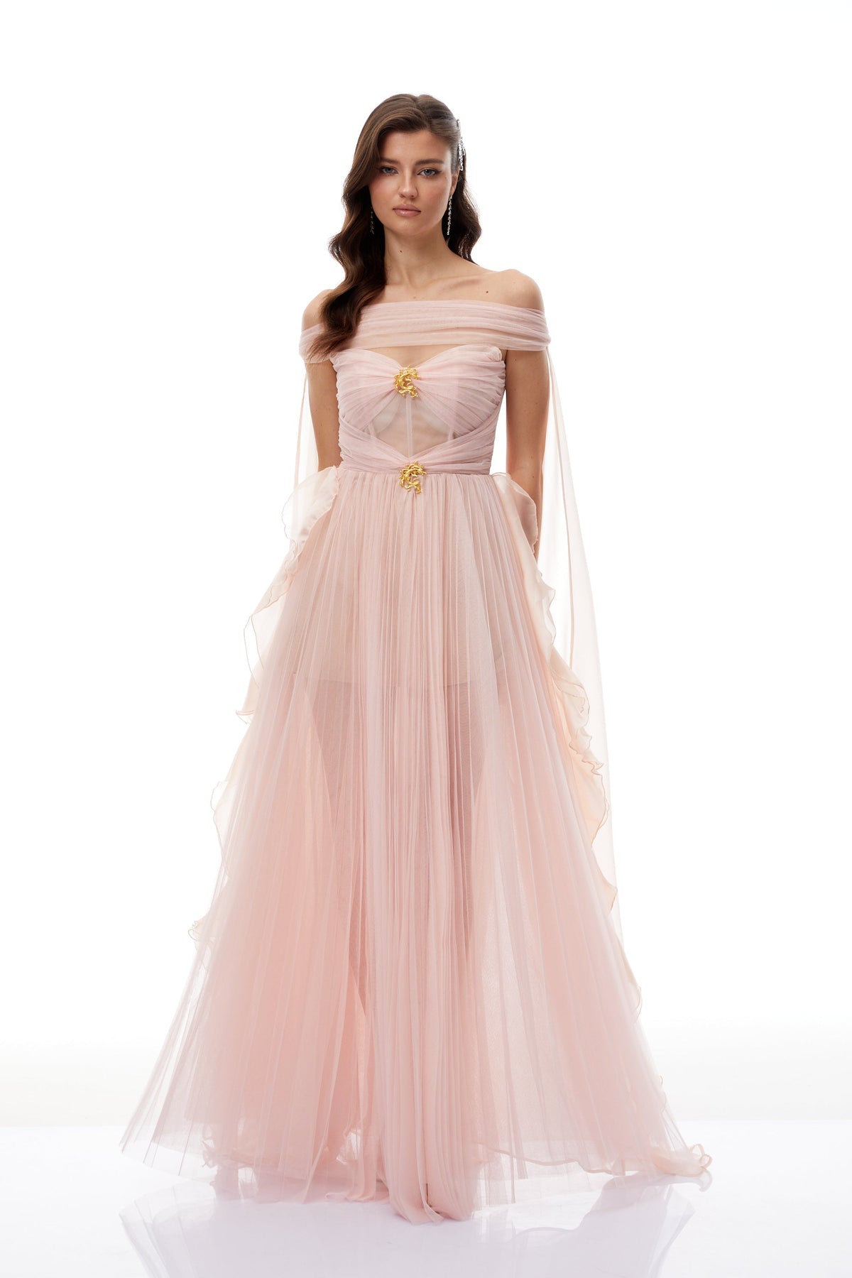 Emil Pink Ribbon Detail Pleated Tulle Maxi Dress