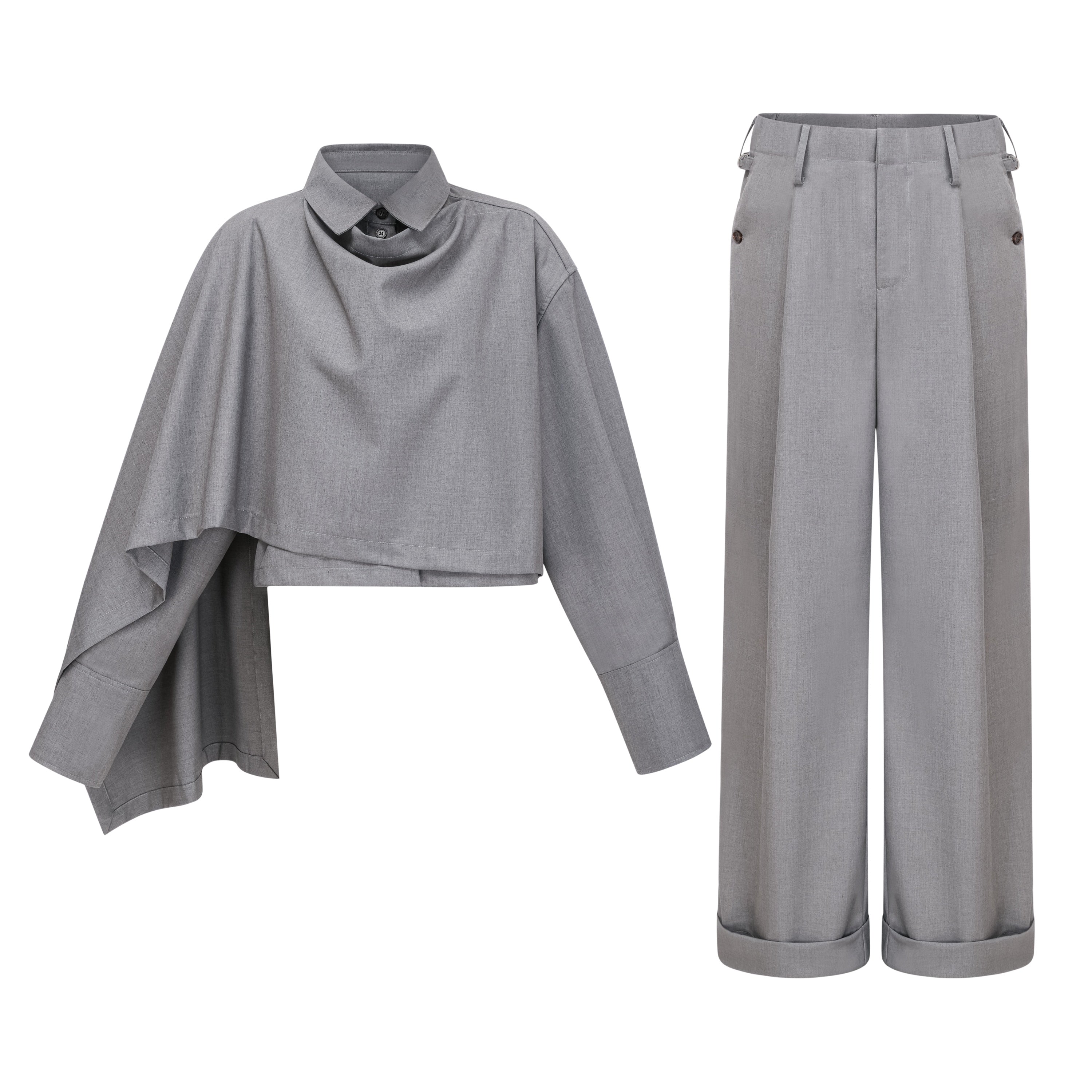 Cynthia Grey Asymmetrical Draped Shirt & Trousers Set (Final Sale-US Only)