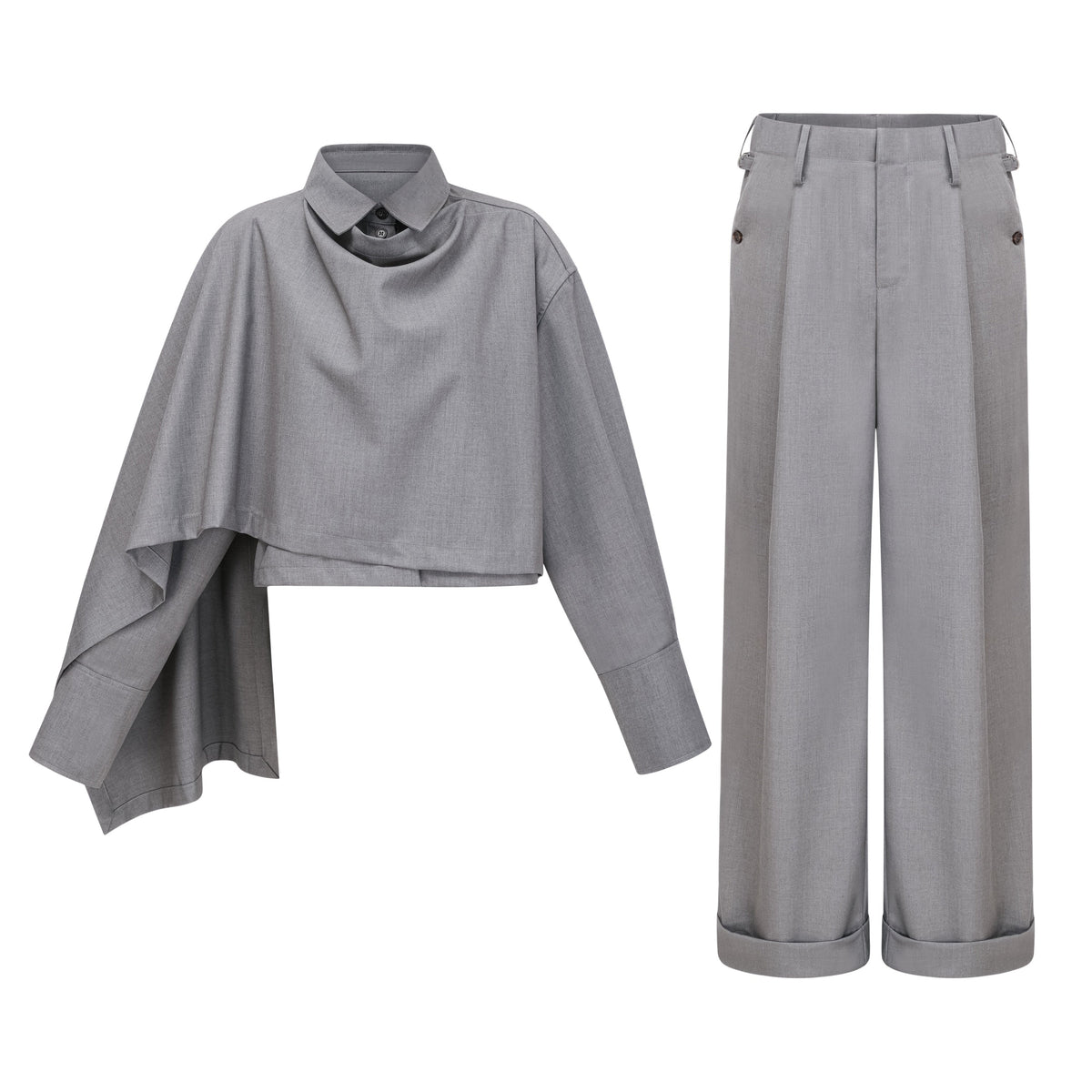 Cynthia Grey Asymmetrical Draped Shirt & Trousers Set (Final Sale-US Only)